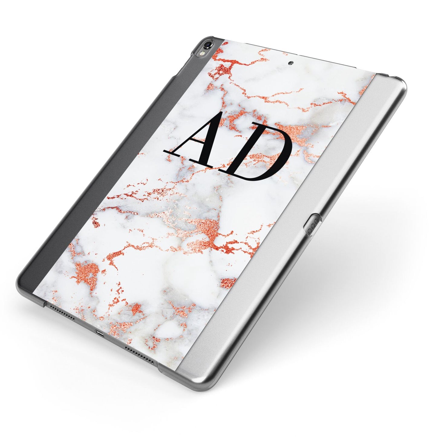 Personalised Rose Gold Marble Initials Apple iPad Case on Grey iPad Side View