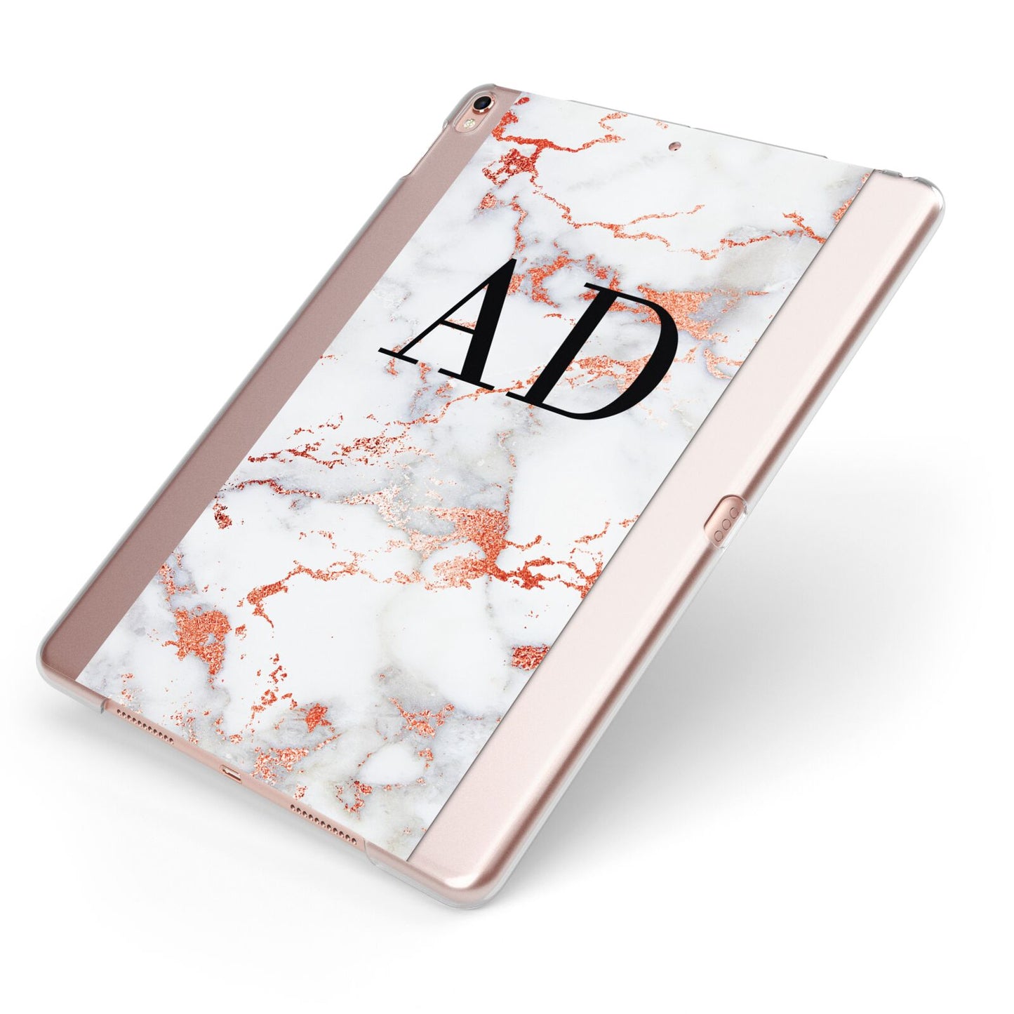 Personalised Rose Gold Marble Initials Apple iPad Case on Rose Gold iPad Side View