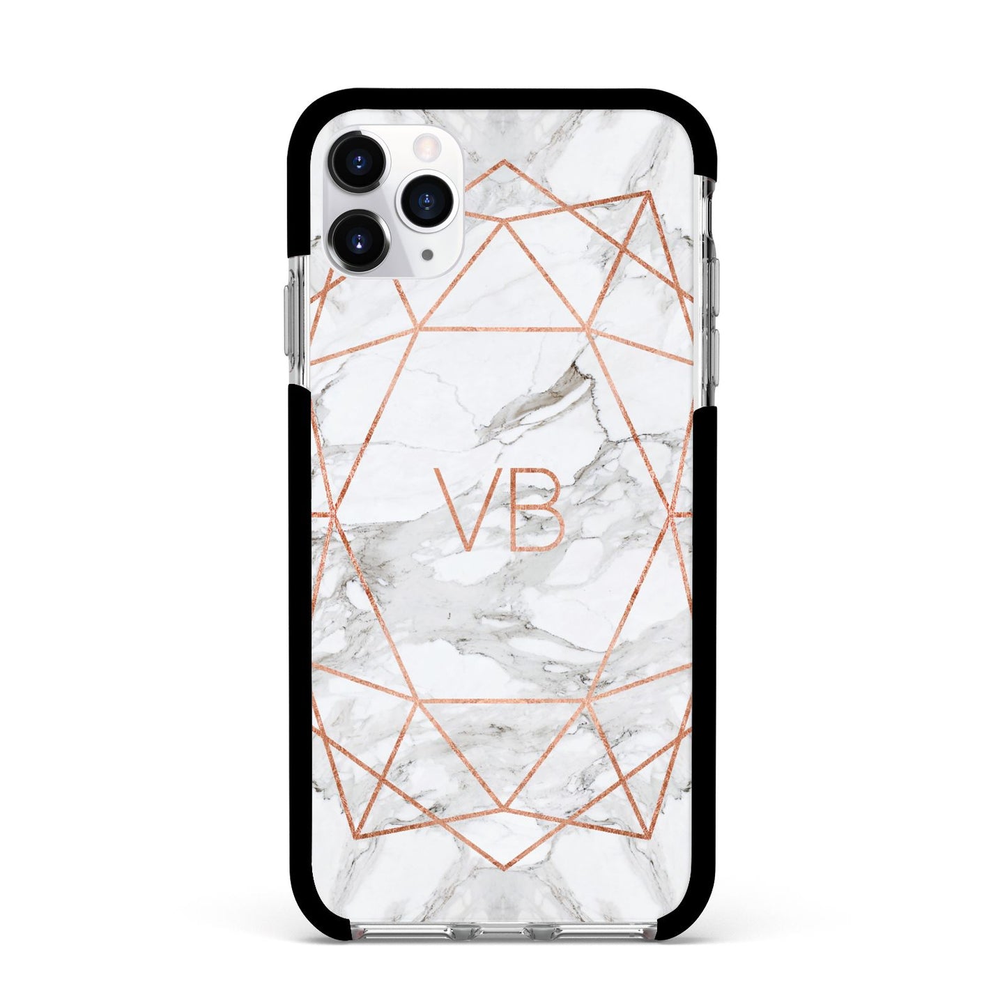 Personalised Rose Gold Marble Initials Apple iPhone 11 Pro Max in Silver with Black Impact Case