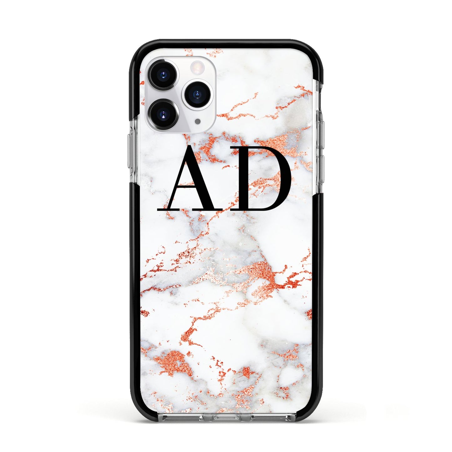 Personalised Rose Gold Marble Initials Apple iPhone 11 Pro in Silver with Black Impact Case