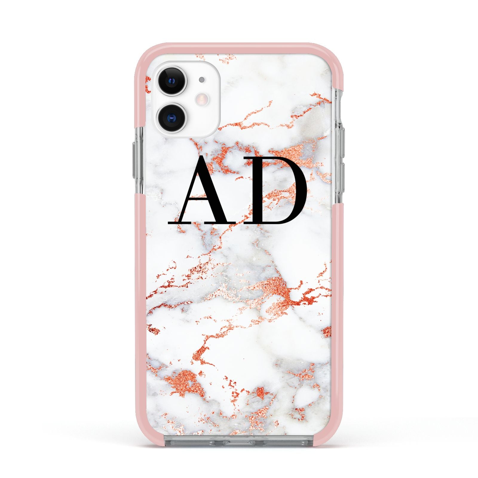 Personalised Rose Gold Marble Initials Apple iPhone 11 in White with Pink Impact Case