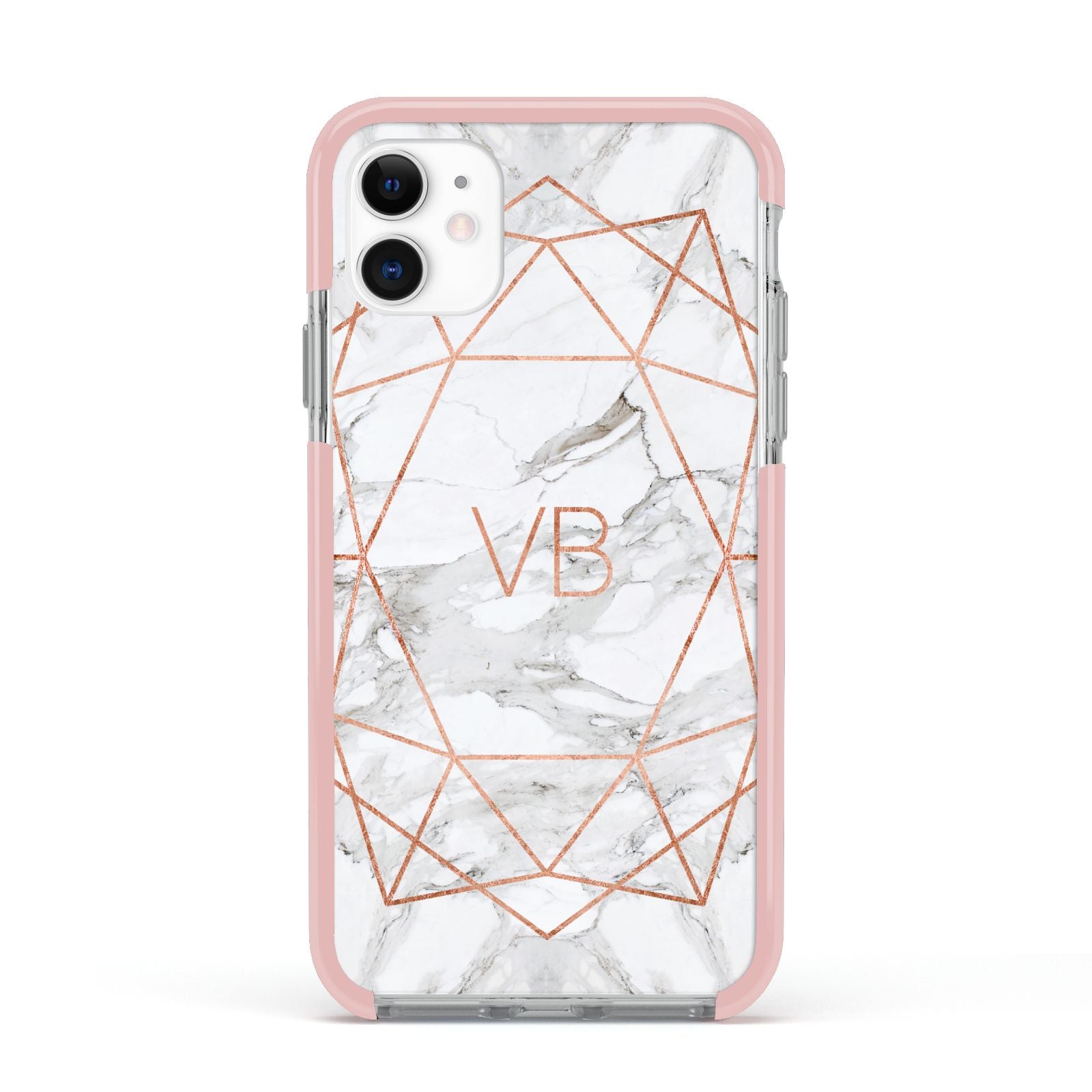 Personalised Rose Gold Marble Initials Apple iPhone 11 in White with Pink Impact Case