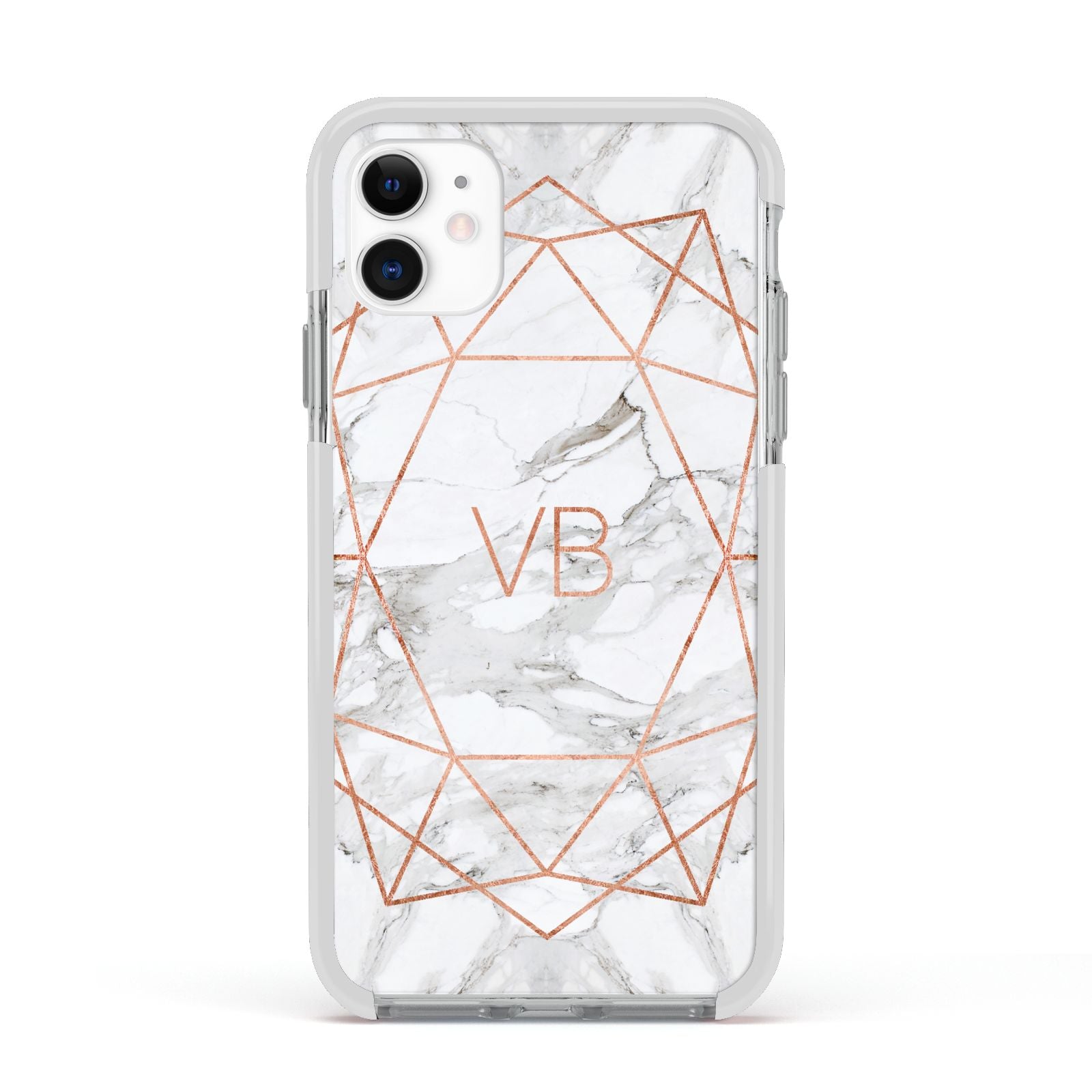 Personalised Rose Gold Marble Initials Apple iPhone 11 in White with White Impact Case