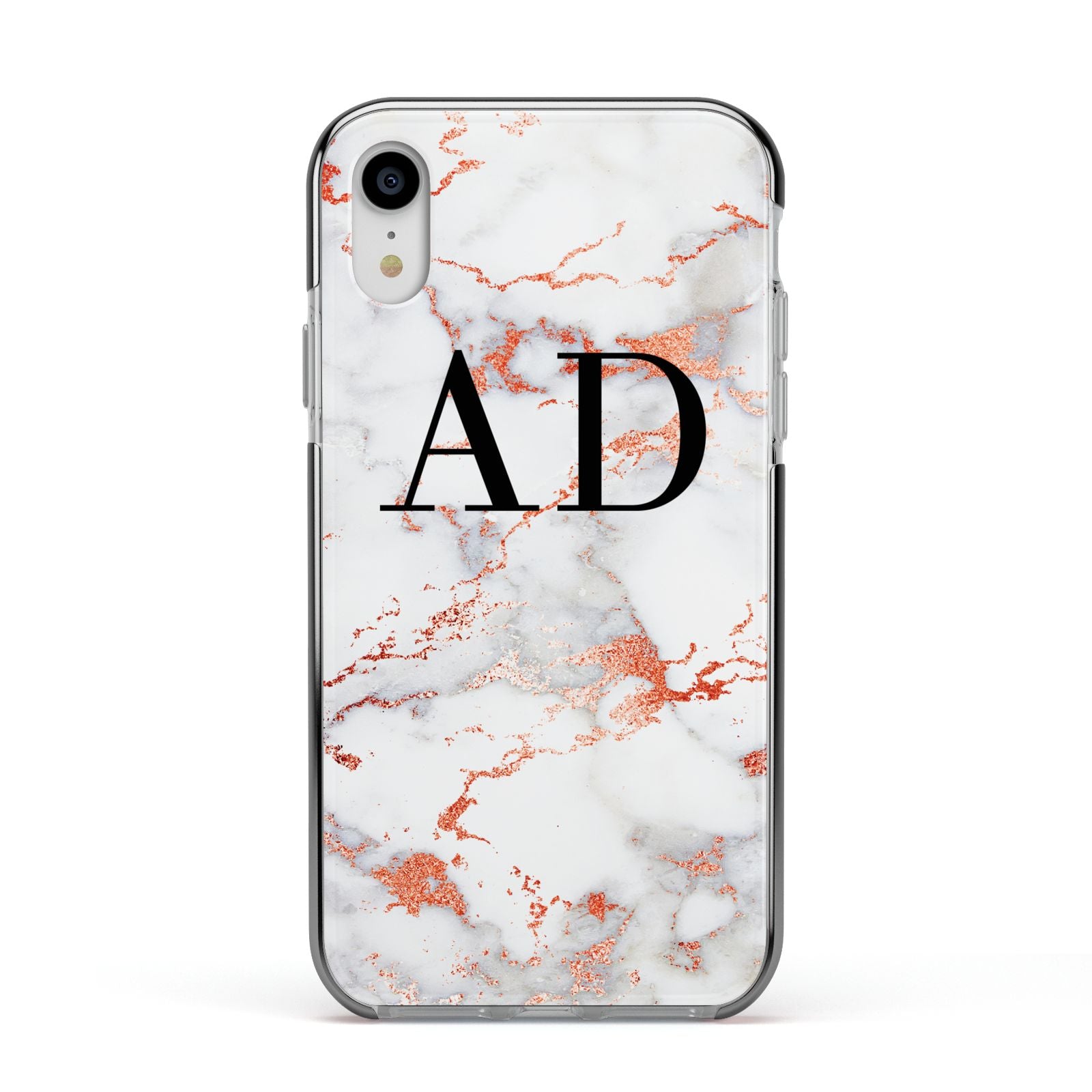 Personalised Rose Gold Marble Initials Apple iPhone XR Impact Case Black Edge on Silver Phone