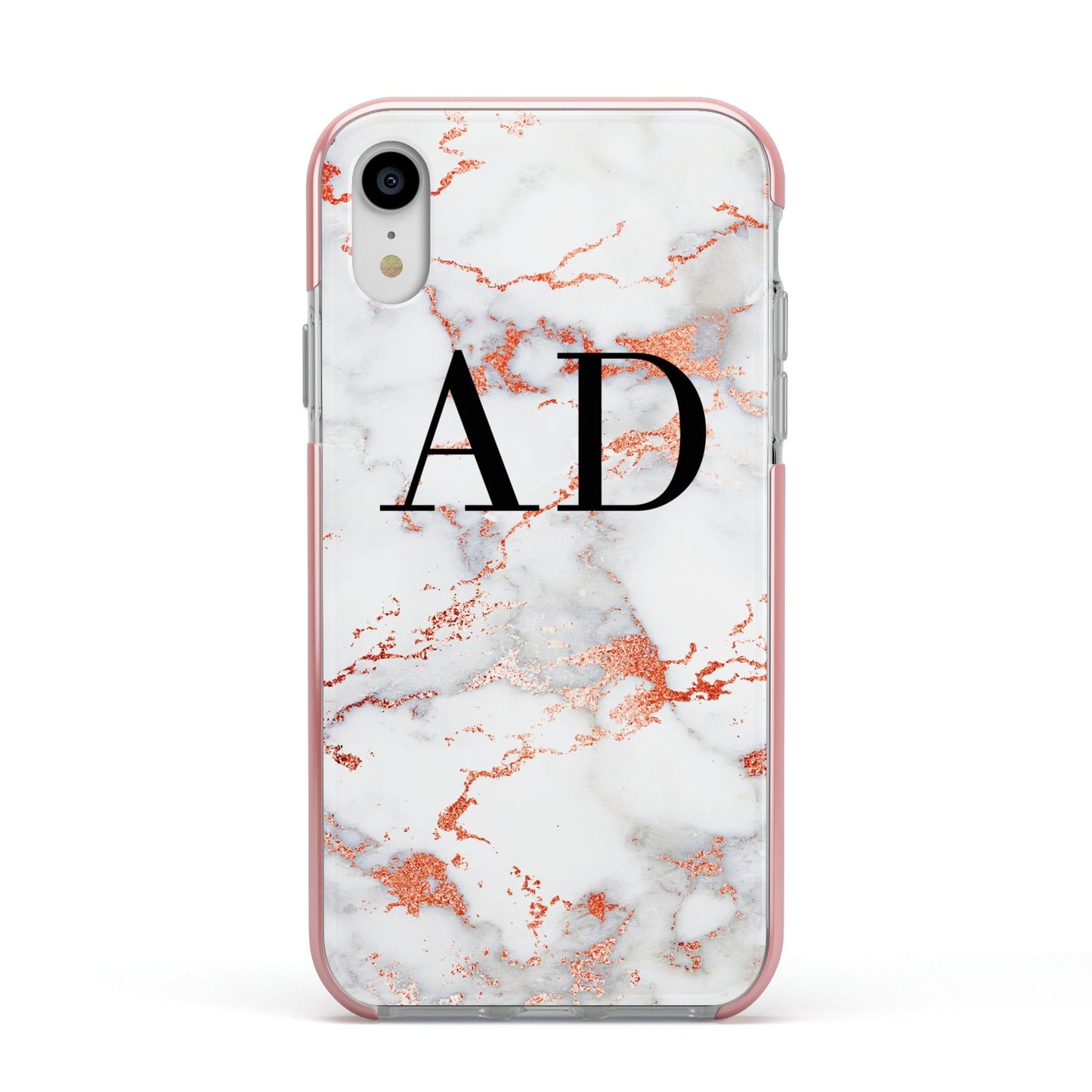 Personalised Rose Gold Marble Initials Apple iPhone XR Impact Case Pink Edge on Silver Phone