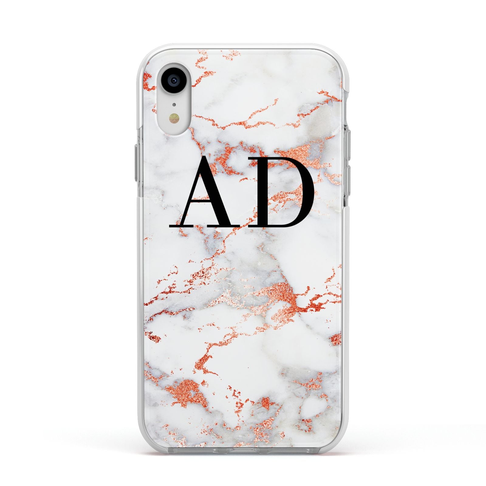 Personalised Rose Gold Marble Initials Apple iPhone XR Impact Case White Edge on Silver Phone