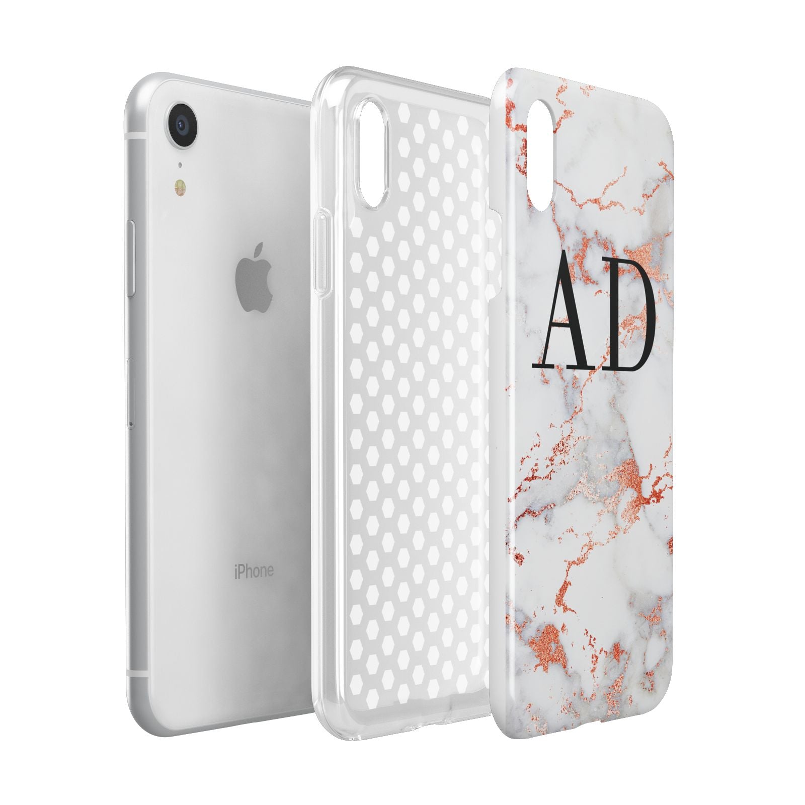 Personalised Rose Gold Marble Initials Apple iPhone XR White 3D Tough Case Expanded view
