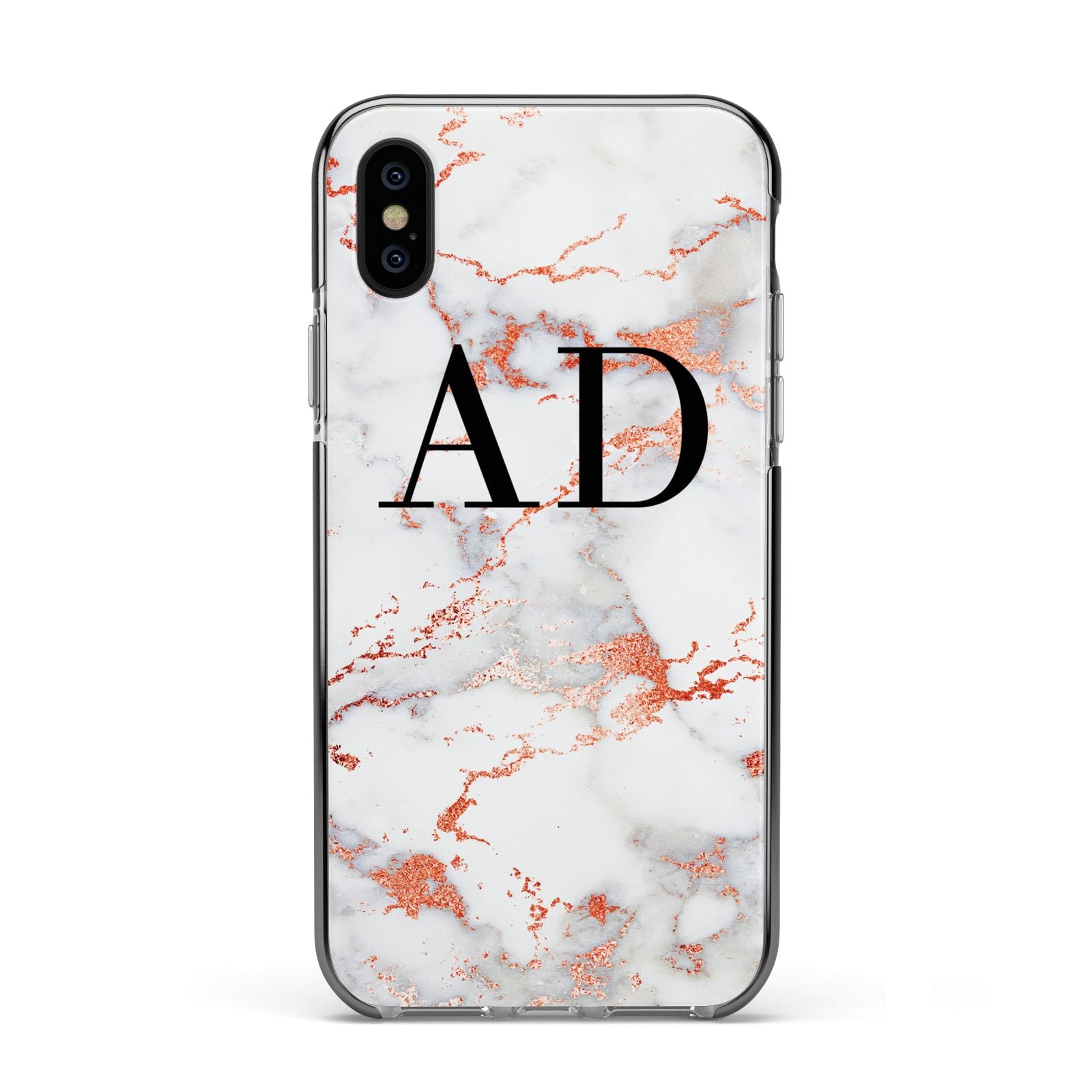 Personalised Rose Gold Marble Initials Apple iPhone Xs Impact Case Black Edge on Black Phone