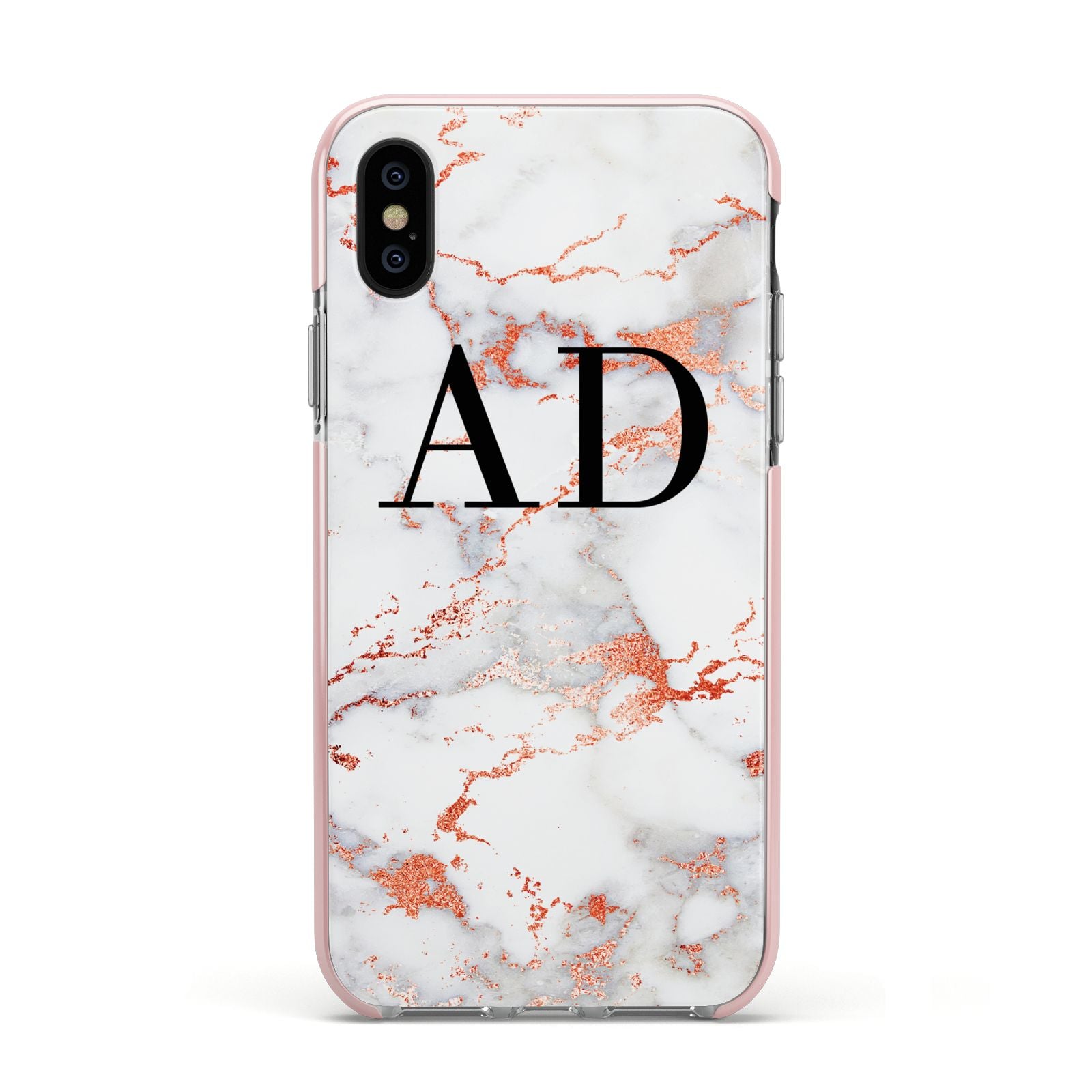 Personalised Rose Gold Marble Initials Apple iPhone Xs Impact Case Pink Edge on Black Phone