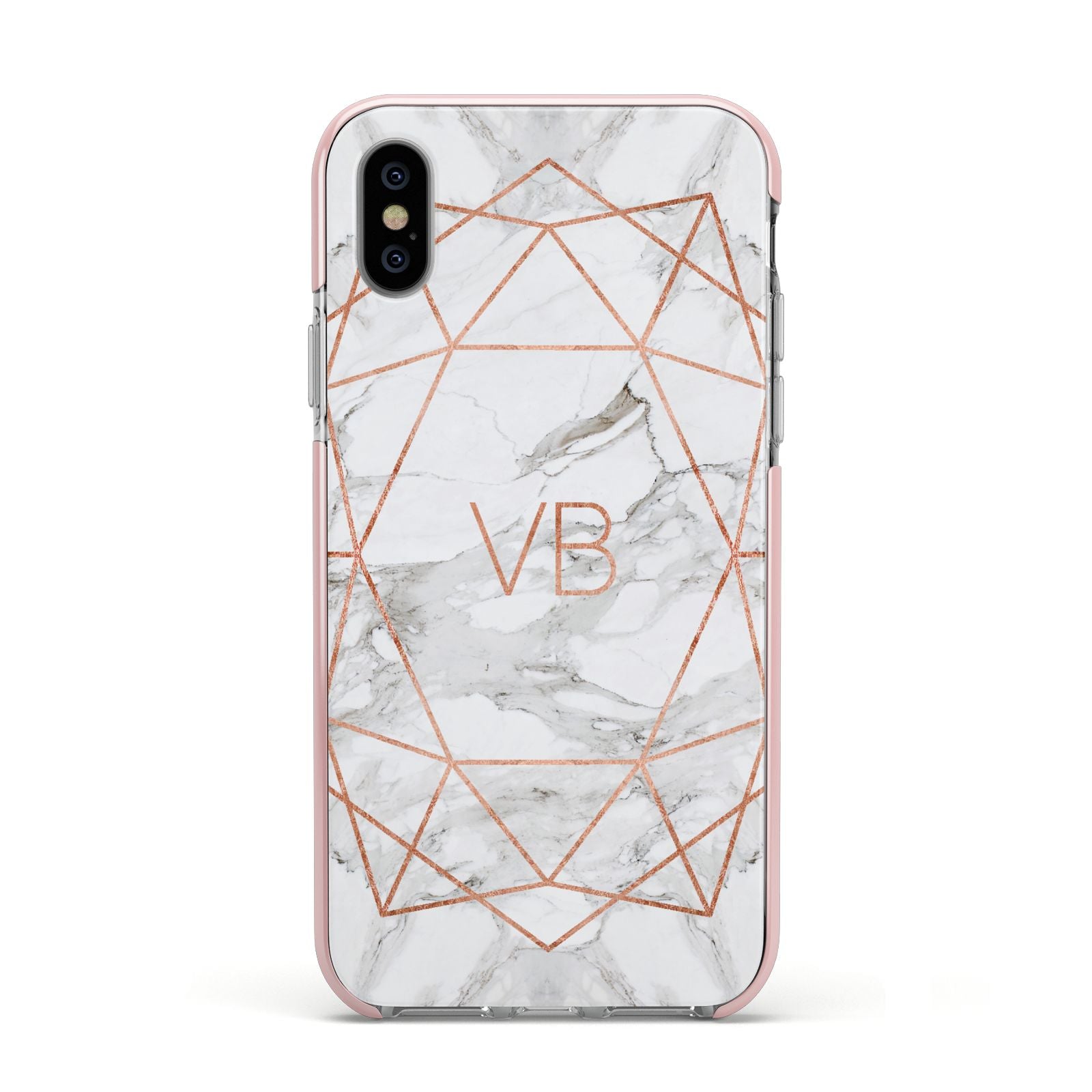 Personalised Rose Gold Marble Initials Apple iPhone Xs Impact Case Pink Edge on Silver Phone