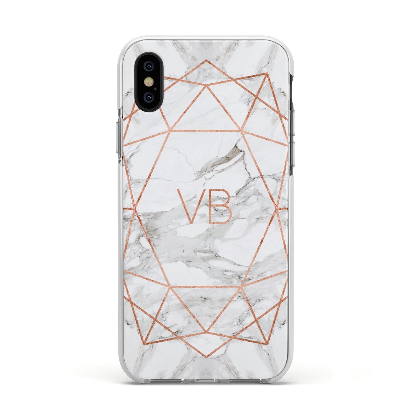 Personalised Rose Gold Marble Initials Apple iPhone Xs Impact Case White Edge on Black Phone