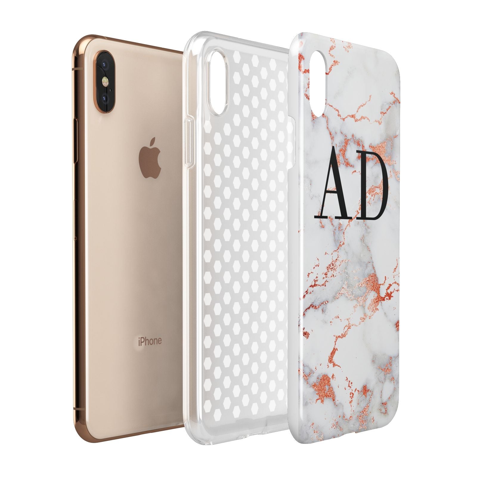 Personalised Rose Gold Marble Initials Apple iPhone Xs Max 3D Tough Case Expanded View