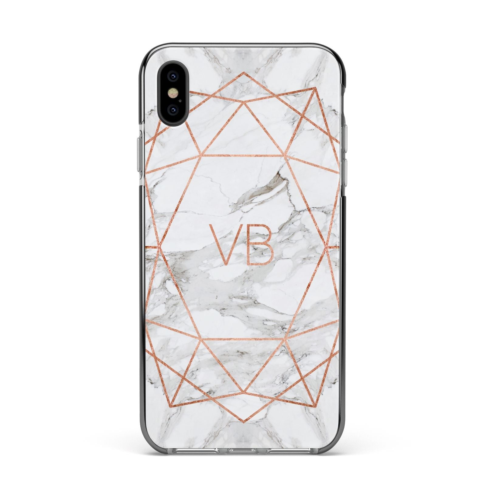 Personalised Rose Gold Marble Initials Apple iPhone Xs Max Impact Case Black Edge on Black Phone
