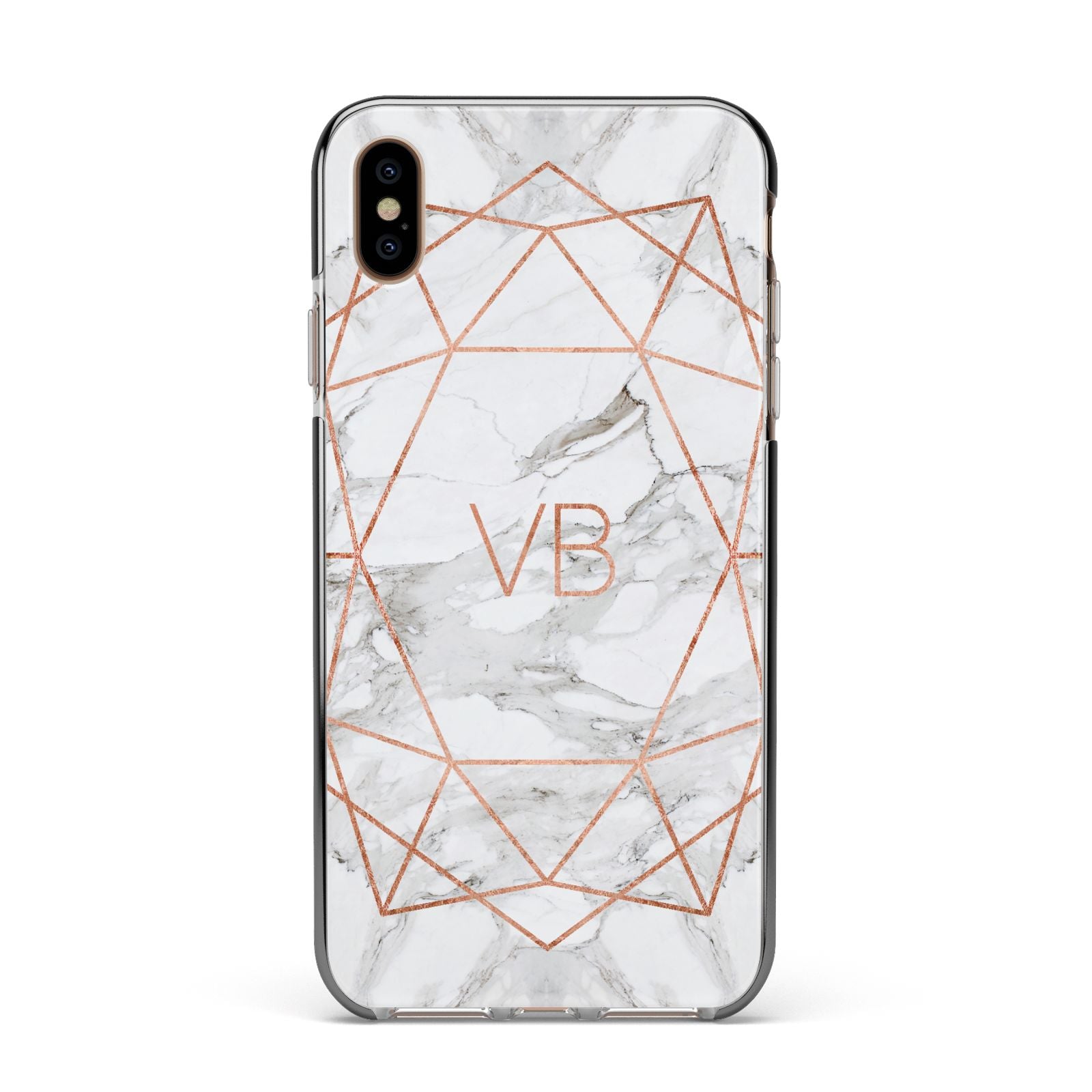 Personalised Rose Gold Marble Initials Apple iPhone Xs Max Impact Case Black Edge on Gold Phone