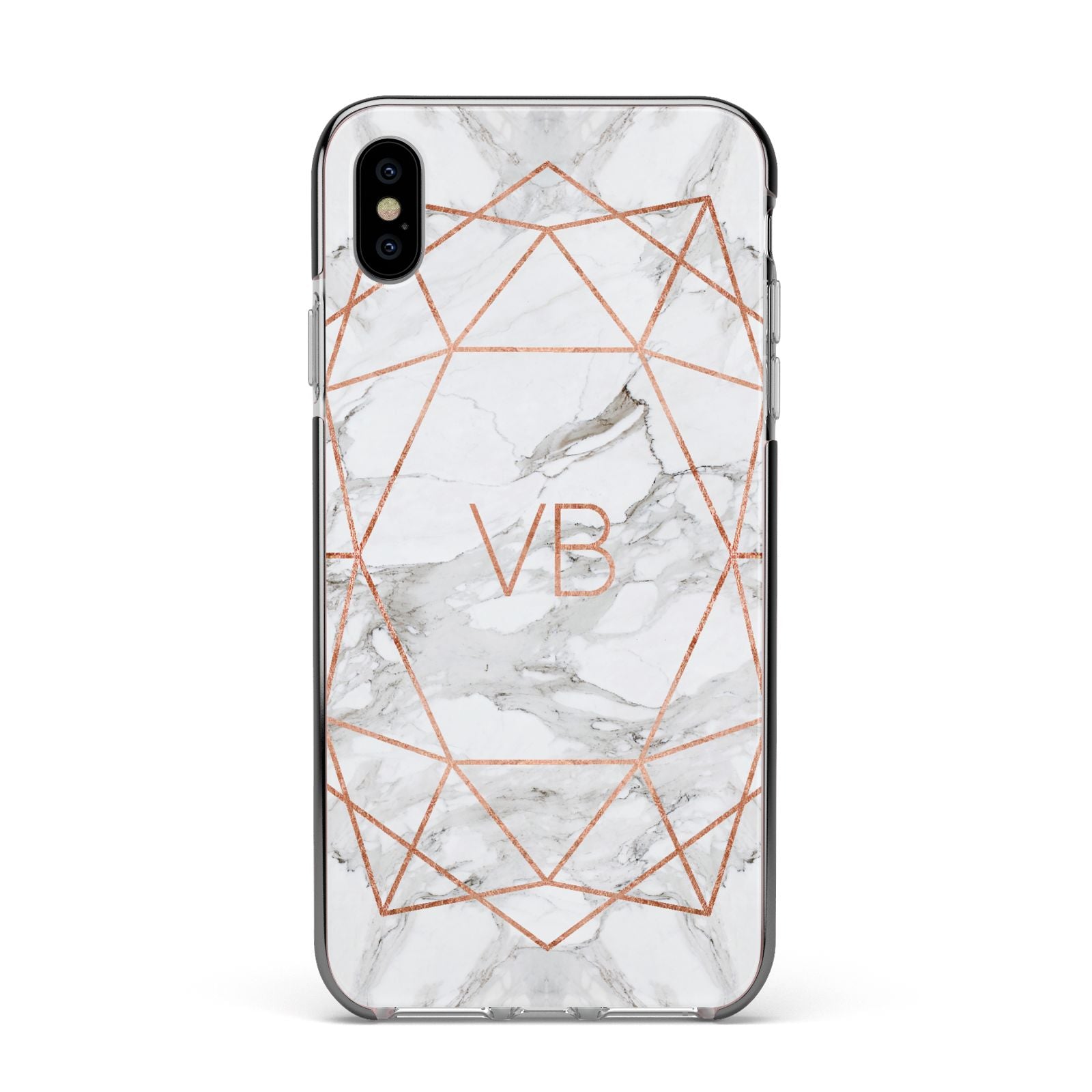 Personalised Rose Gold Marble Initials Apple iPhone Xs Max Impact Case Black Edge on Silver Phone