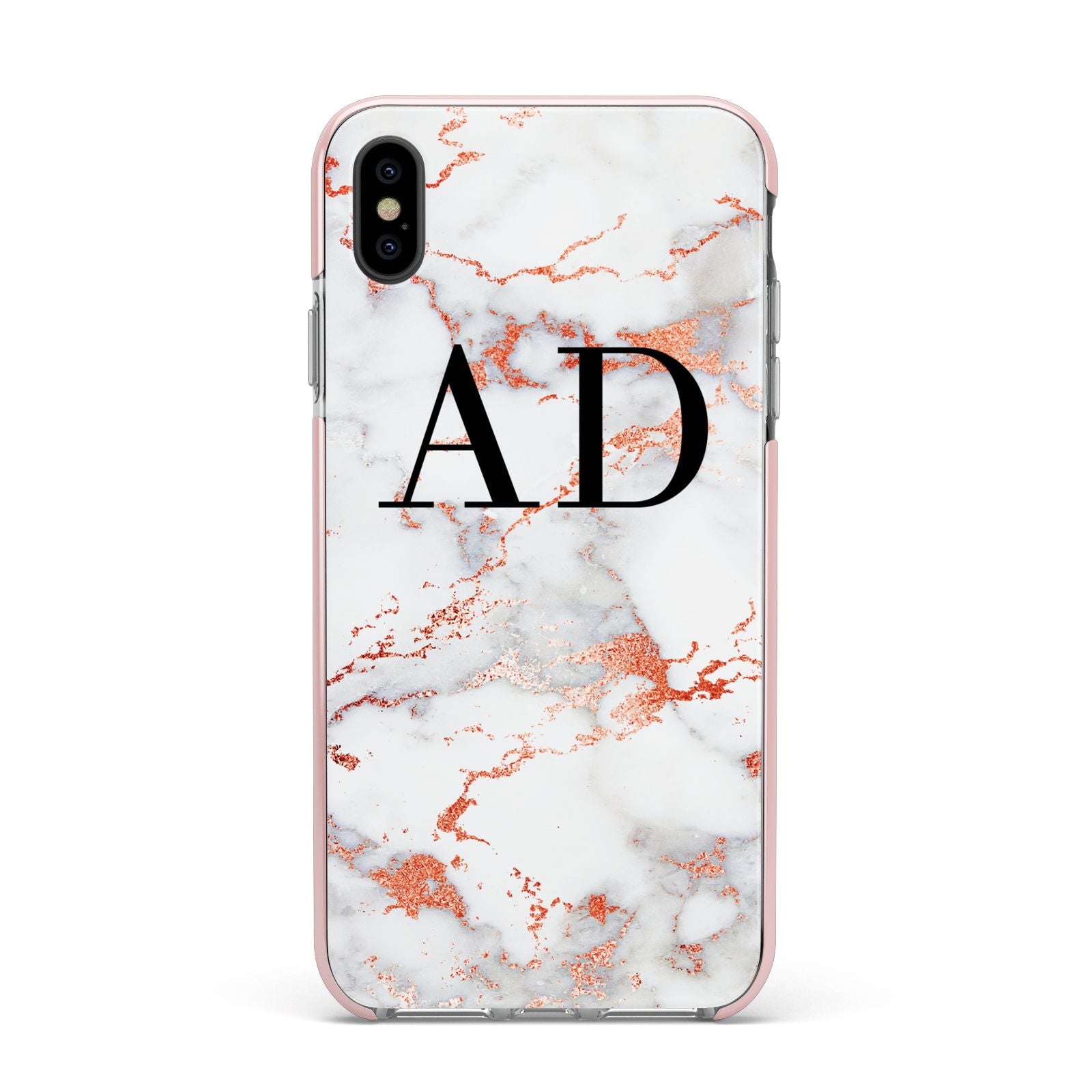 Personalised Rose Gold Marble Initials Apple iPhone Xs Max Impact Case Pink Edge on Black Phone