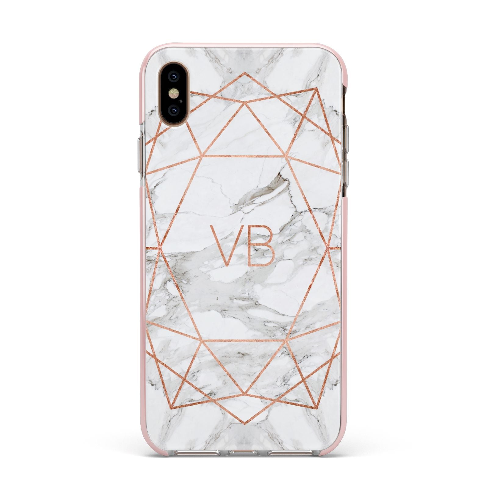Personalised Rose Gold Marble Initials Apple iPhone Xs Max Impact Case Pink Edge on Gold Phone