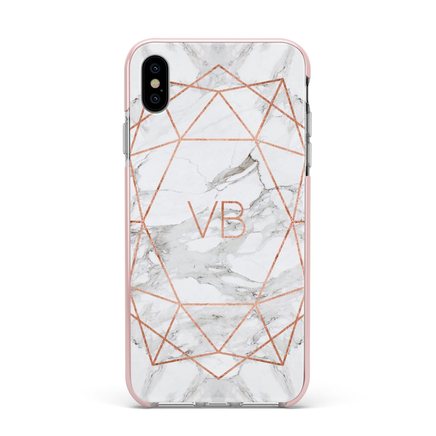Personalised Rose Gold Marble Initials Apple iPhone Xs Max Impact Case Pink Edge on Silver Phone