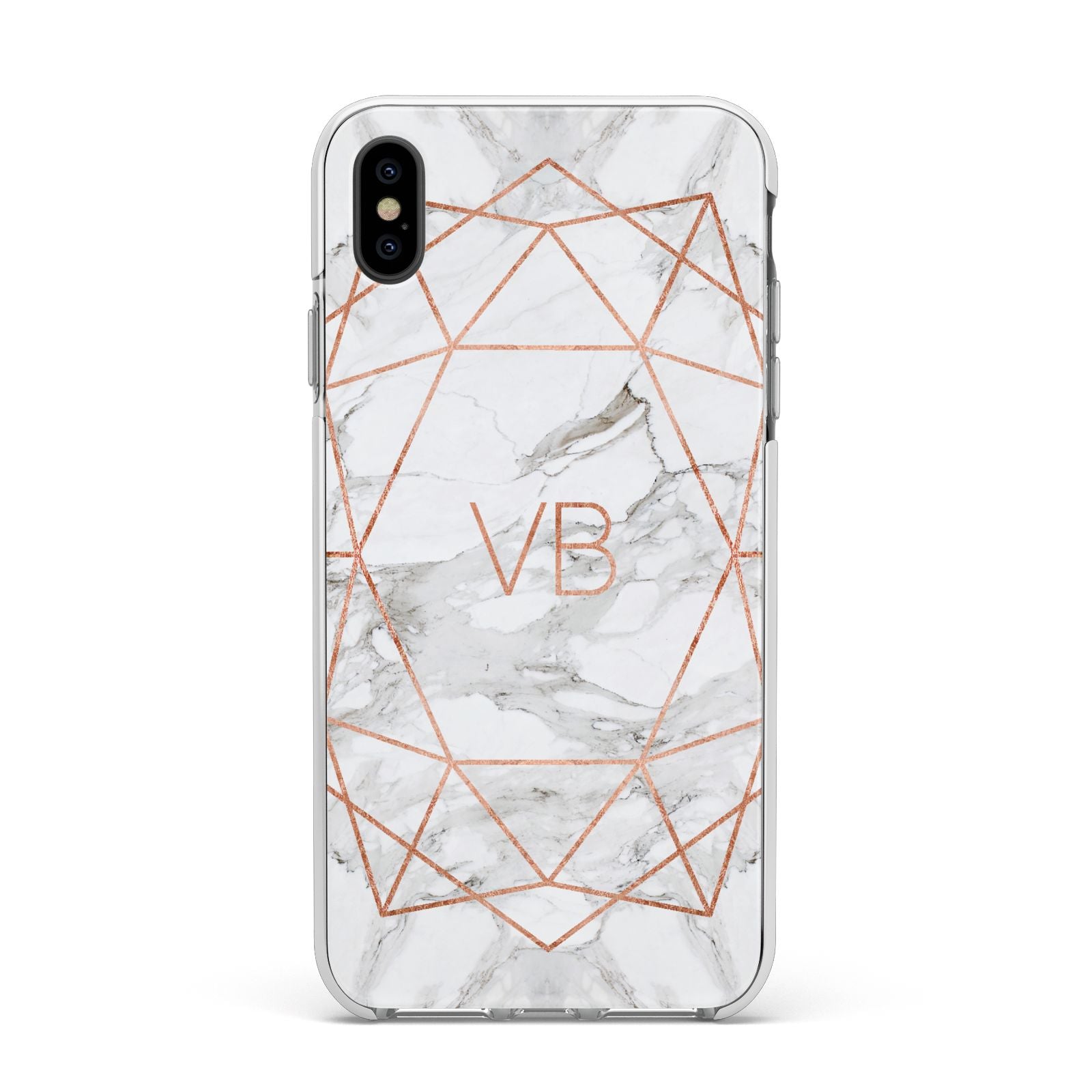 Personalised Rose Gold Marble Initials Apple iPhone Xs Max Impact Case White Edge on Black Phone