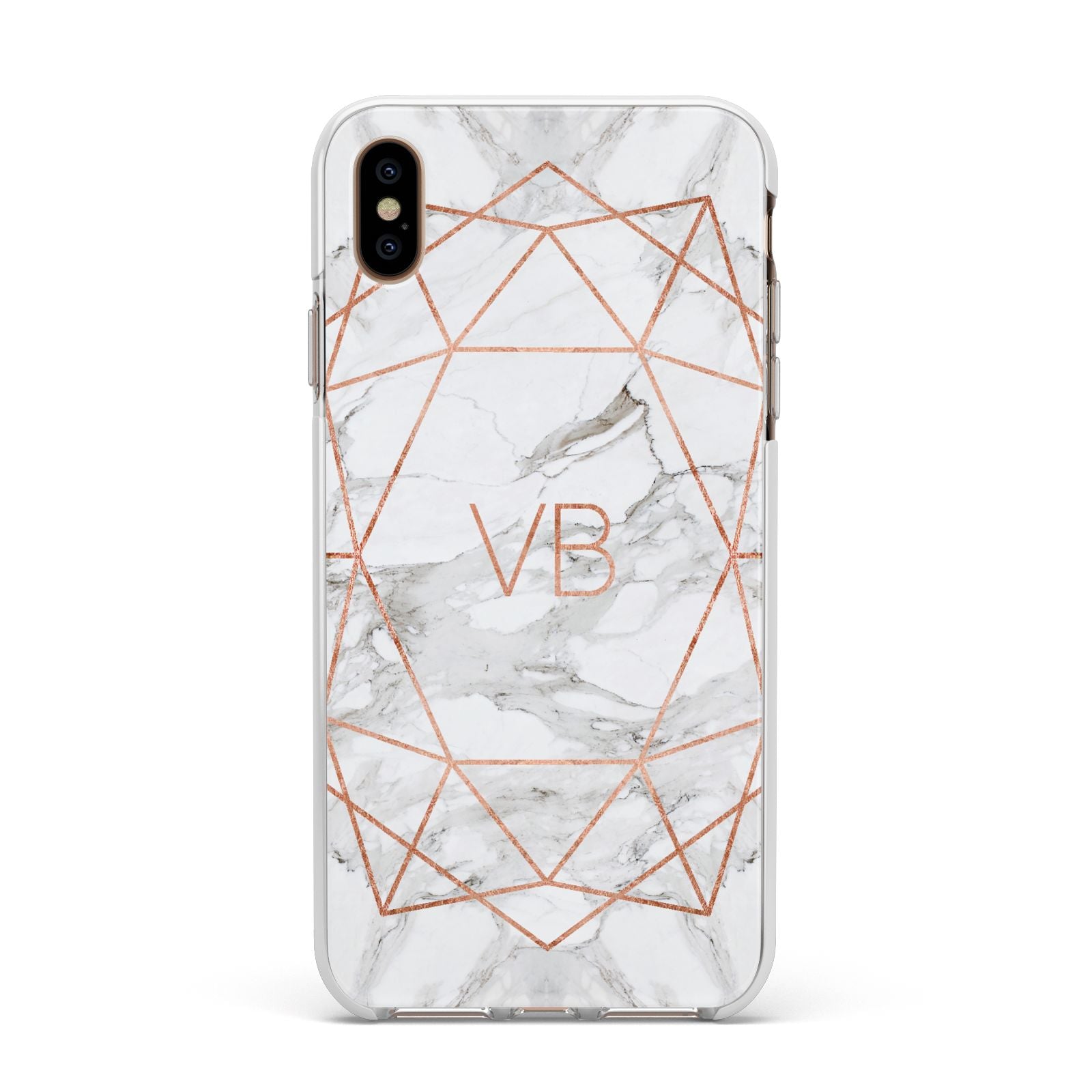Personalised Rose Gold Marble Initials Apple iPhone Xs Max Impact Case White Edge on Gold Phone