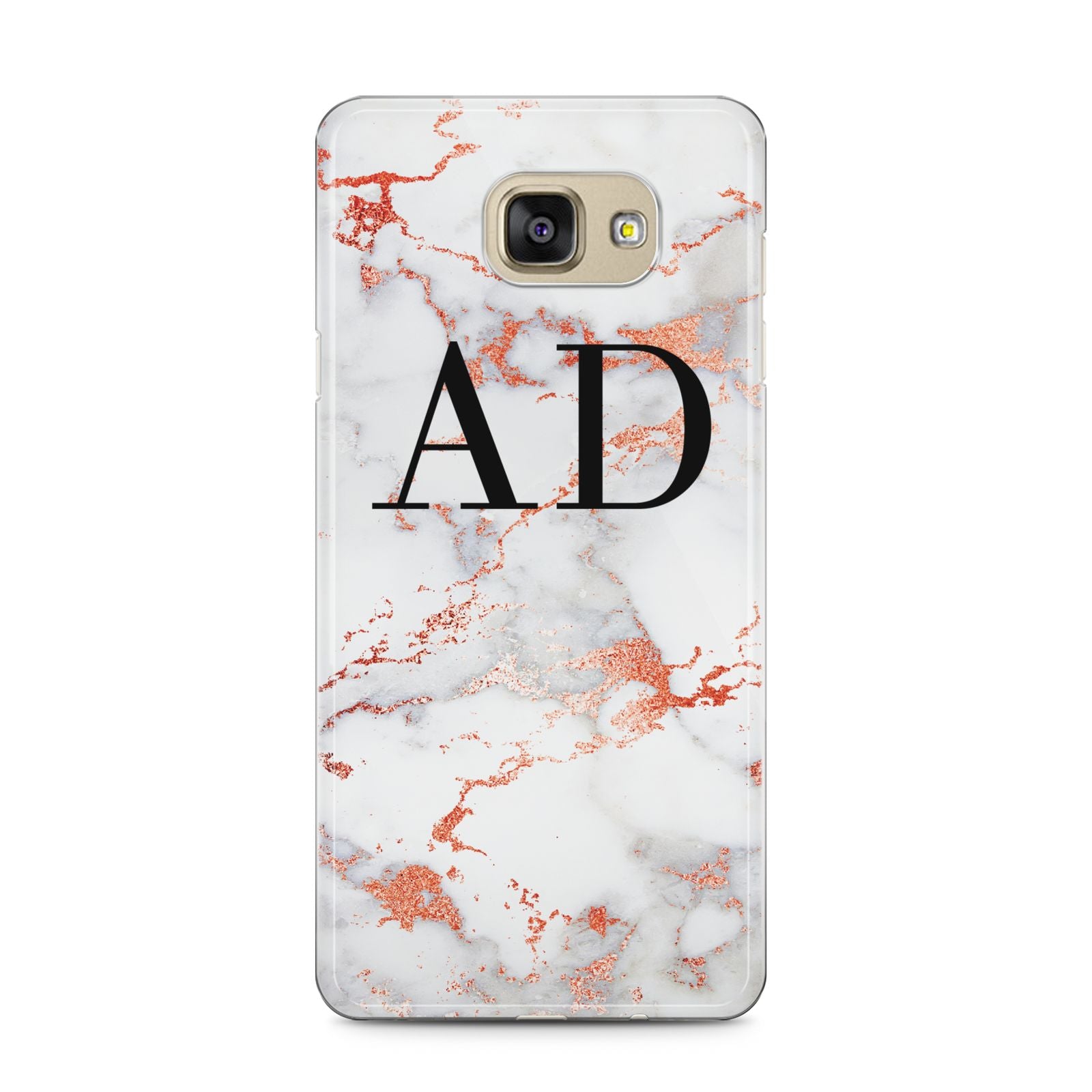 Personalised Rose Gold Marble Initials Samsung Galaxy A5 2016 Case on gold phone