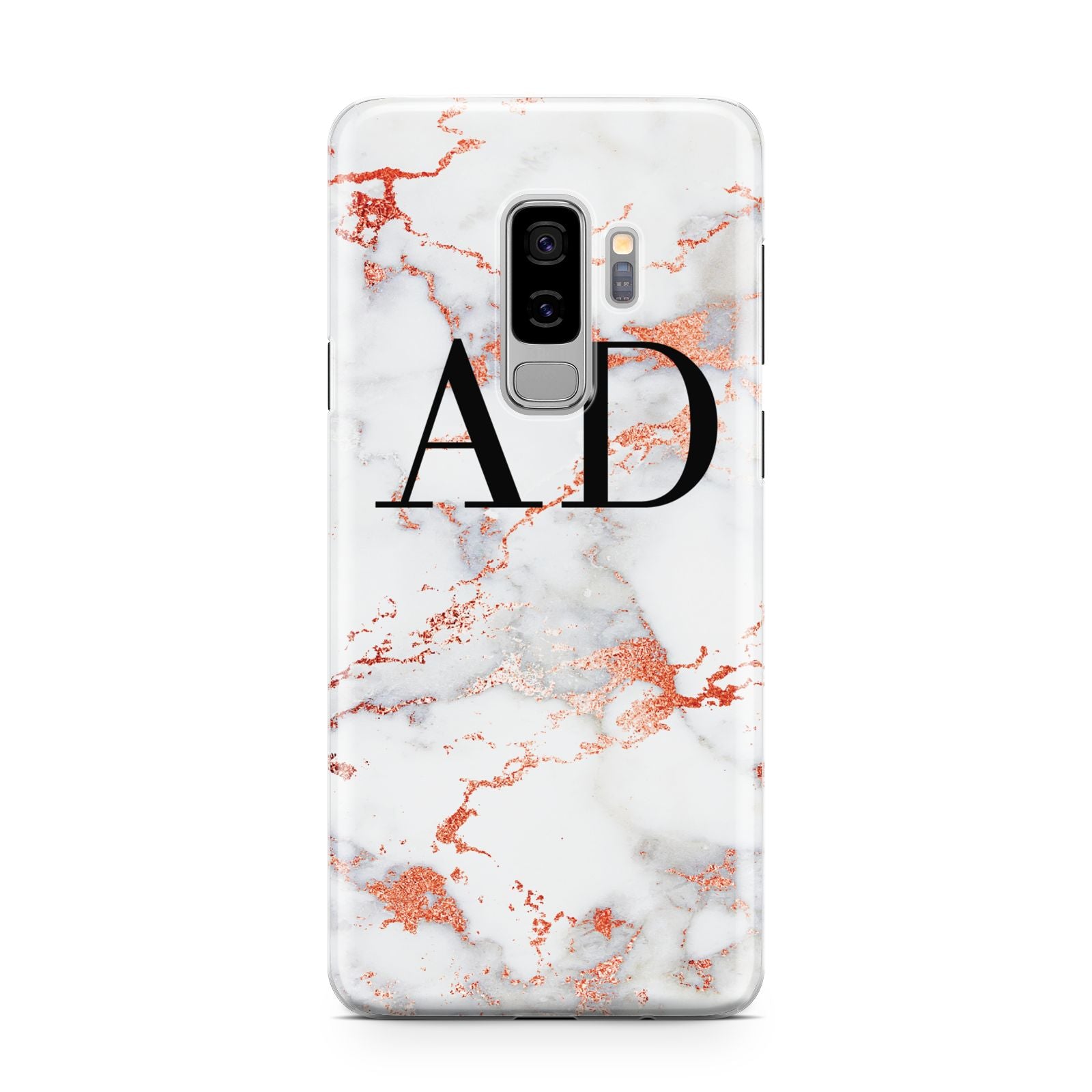 Personalised Rose Gold Marble Initials Samsung Galaxy S9 Plus Case on Silver phone