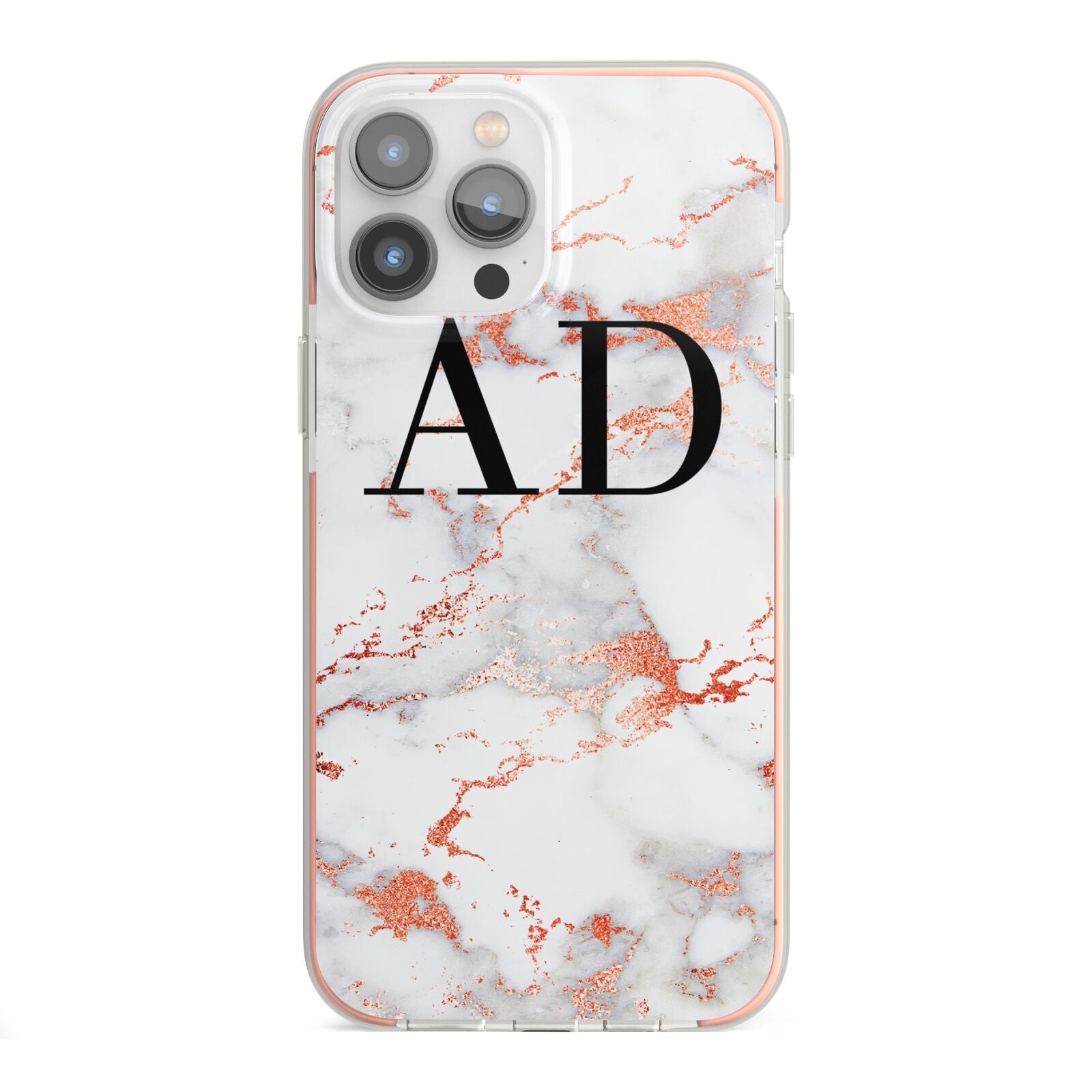 Personalised Rose Gold Marble Initials iPhone 13 Pro Max TPU Impact Case with Pink Edges
