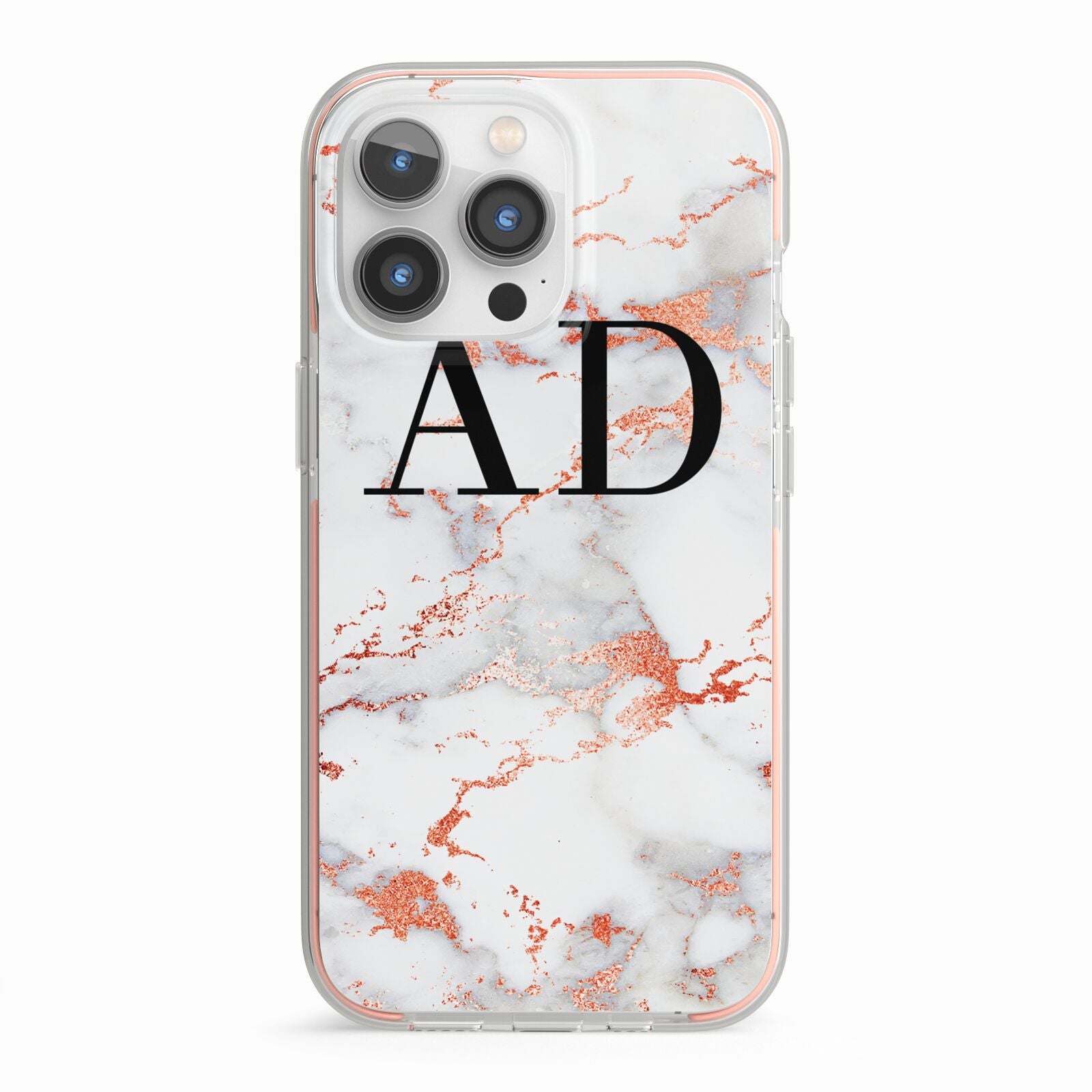 Personalised Rose Gold Marble Initials iPhone 13 Pro TPU Impact Case with Pink Edges