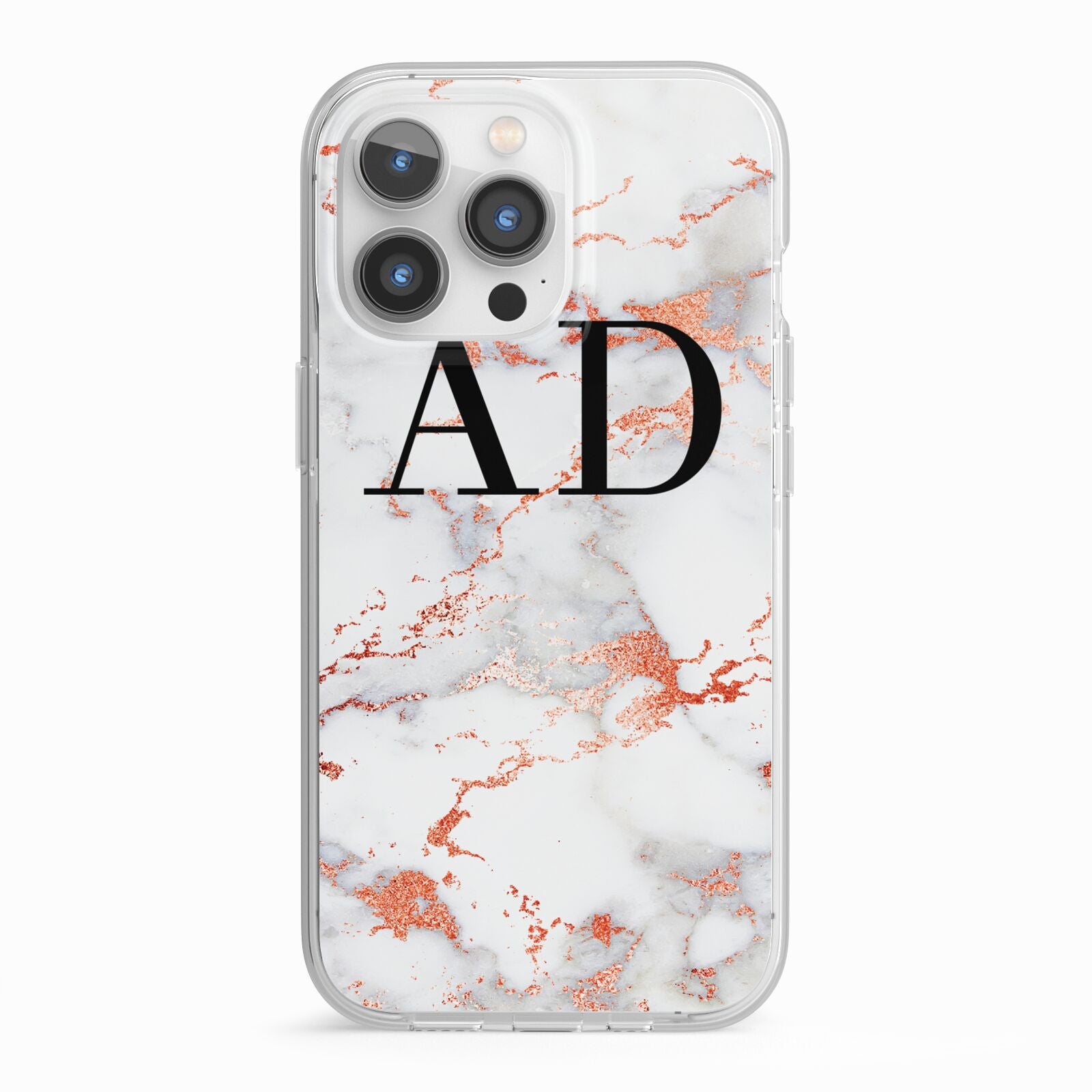 Personalised Rose Gold Marble Initials iPhone 13 Pro TPU Impact Case with White Edges