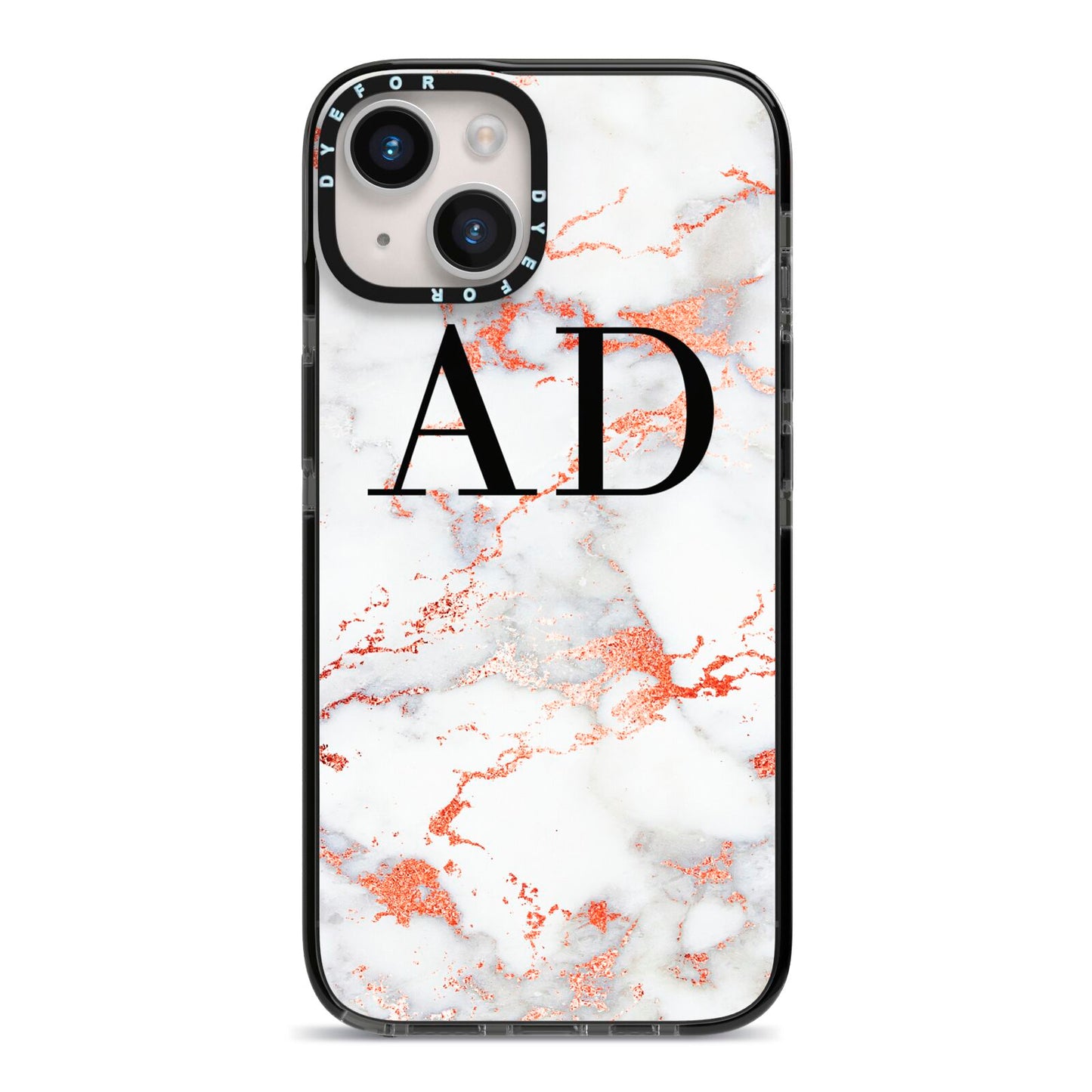Personalised Rose Gold Marble Initials iPhone 14 Black Impact Case on Silver phone