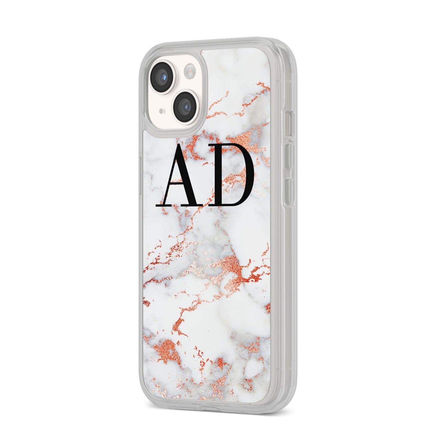 Personalised Rose Gold Marble Initials iPhone 14 Clear Tough Case Starlight Angled Image