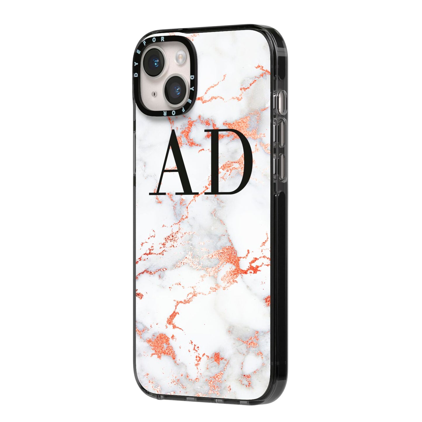 Personalised Rose Gold Marble Initials iPhone 14 Plus Black Impact Case Side Angle on Silver phone