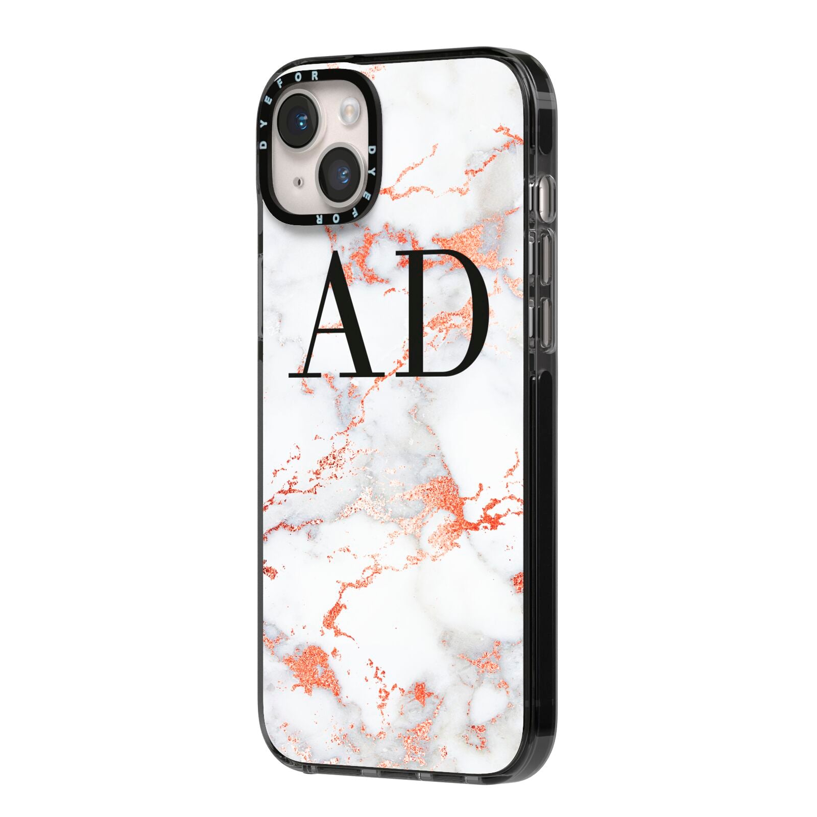 Personalised Rose Gold Marble Initials iPhone 14 Plus Black Impact Case Side Angle on Silver phone