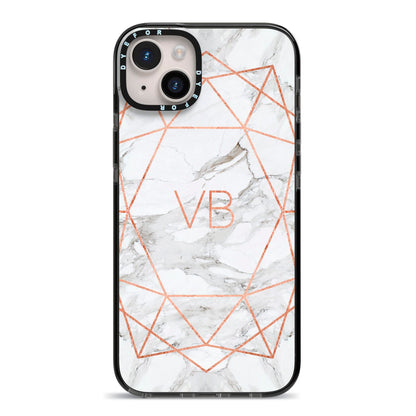 Personalised Rose Gold Marble Initials iPhone 14 Plus Black Impact Case on Silver phone