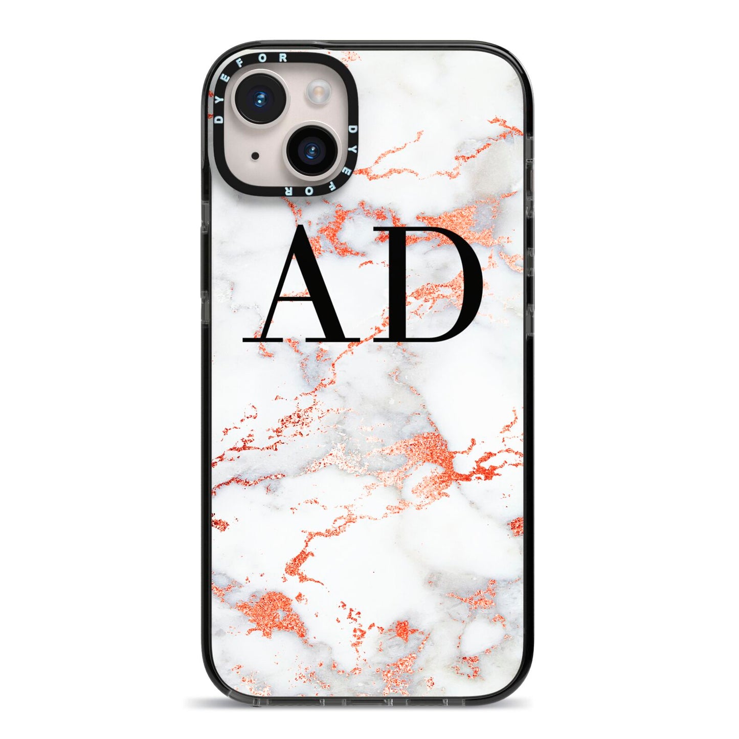 Personalised Rose Gold Marble Initials iPhone 14 Plus Black Impact Case on Silver phone
