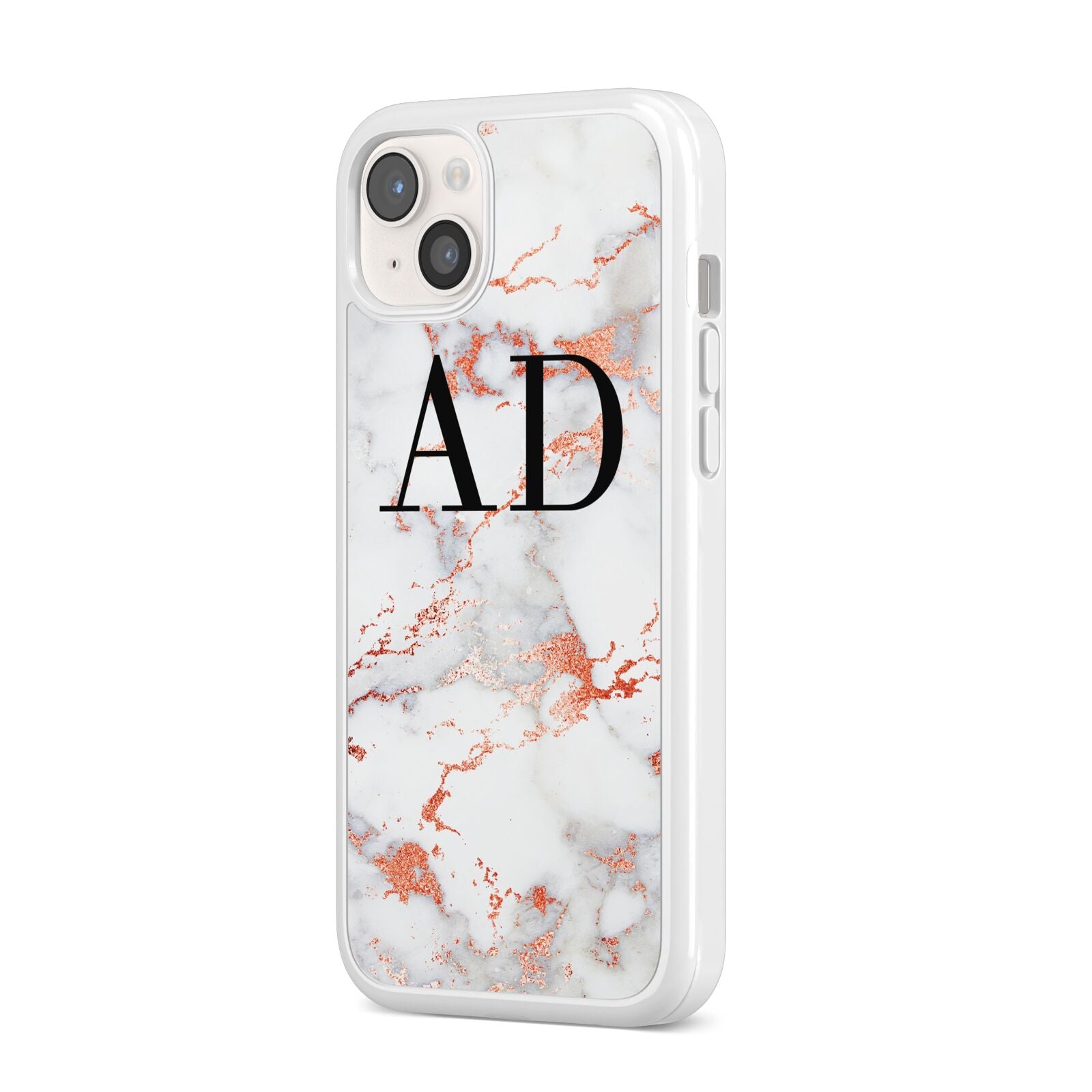 Personalised Rose Gold Marble Initials iPhone 14 Plus Clear Tough Case Starlight Angled Image