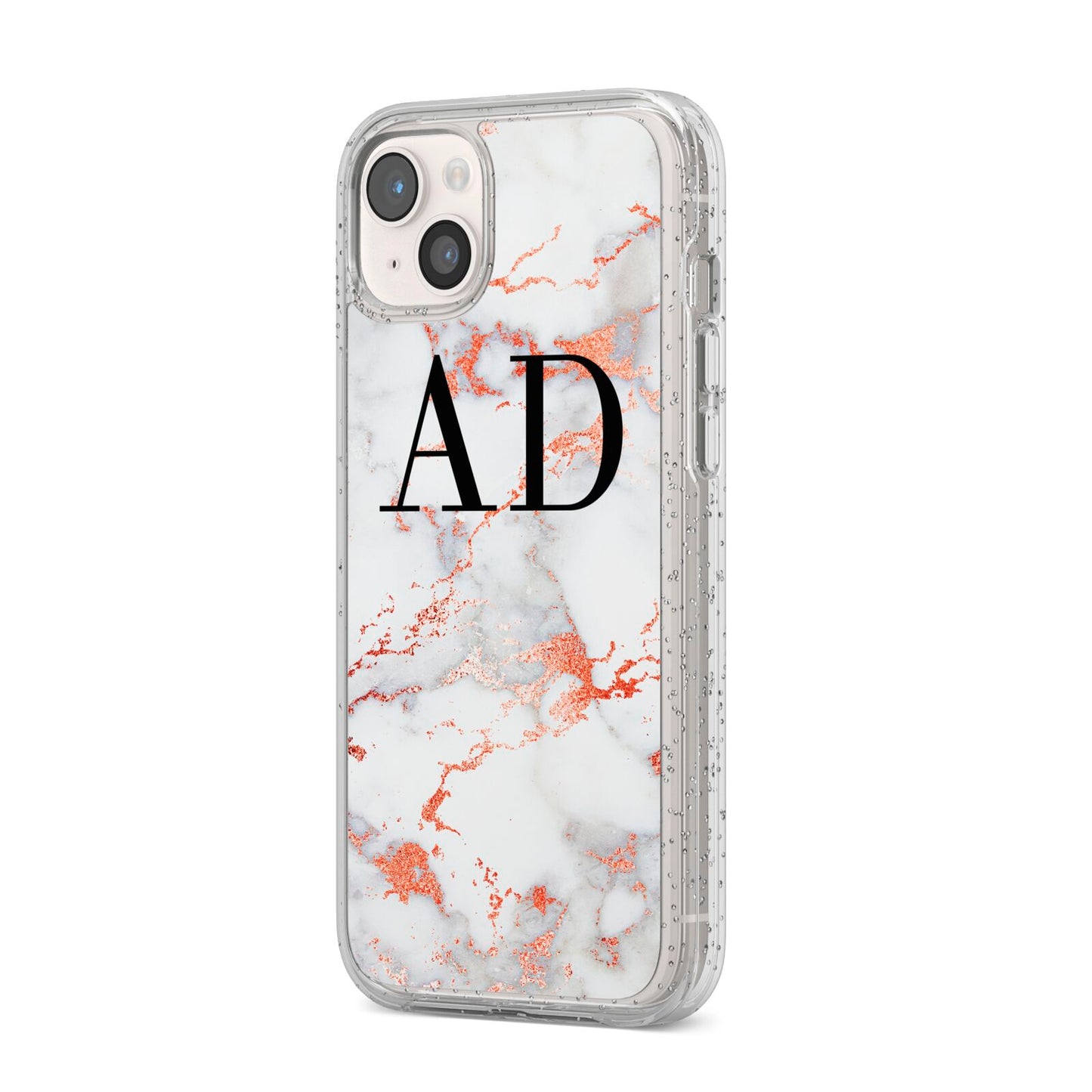 Personalised Rose Gold Marble Initials iPhone 14 Plus Glitter Tough Case Starlight Angled Image