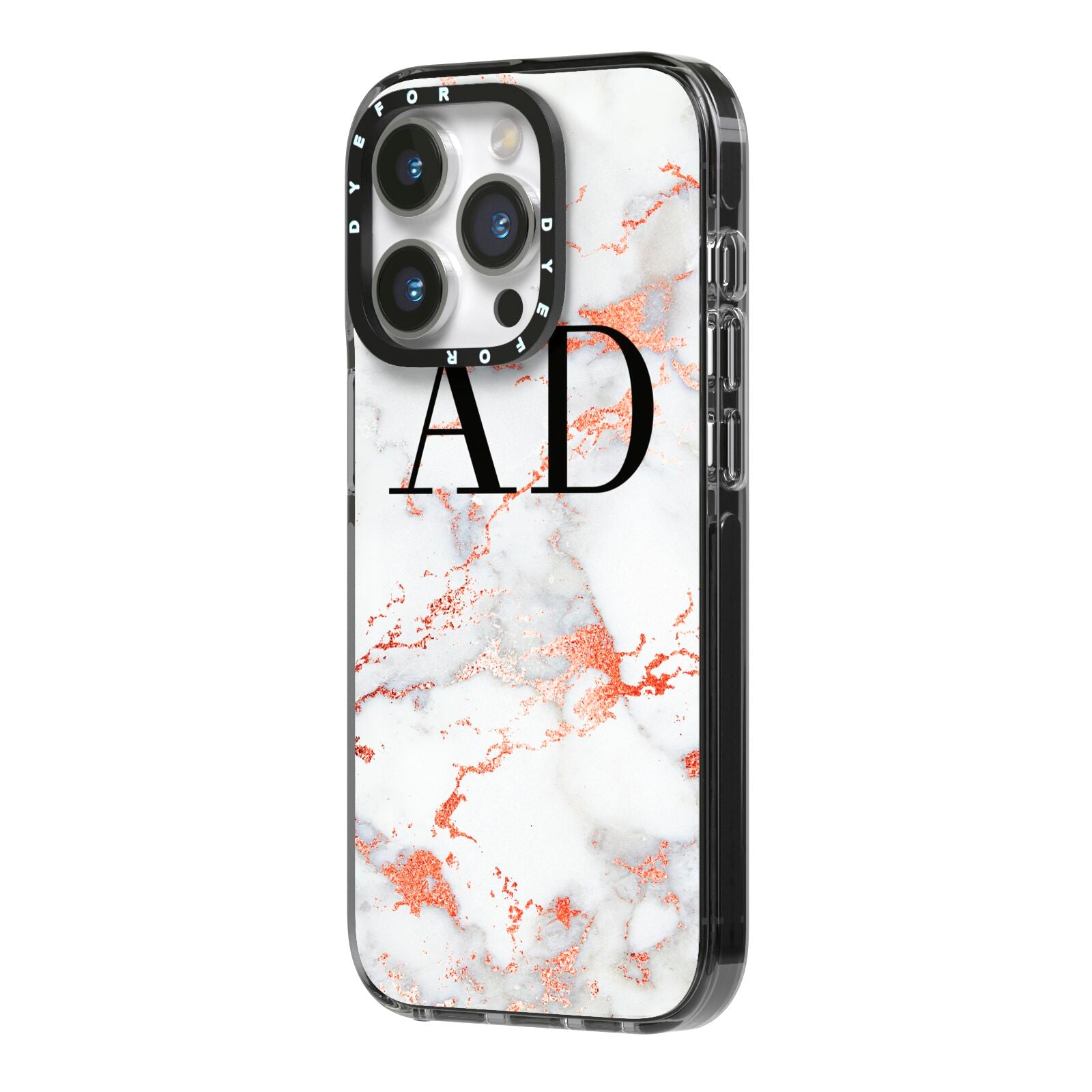 Personalised Rose Gold Marble Initials iPhone 14 Pro Black Impact Case Side Angle on Silver phone