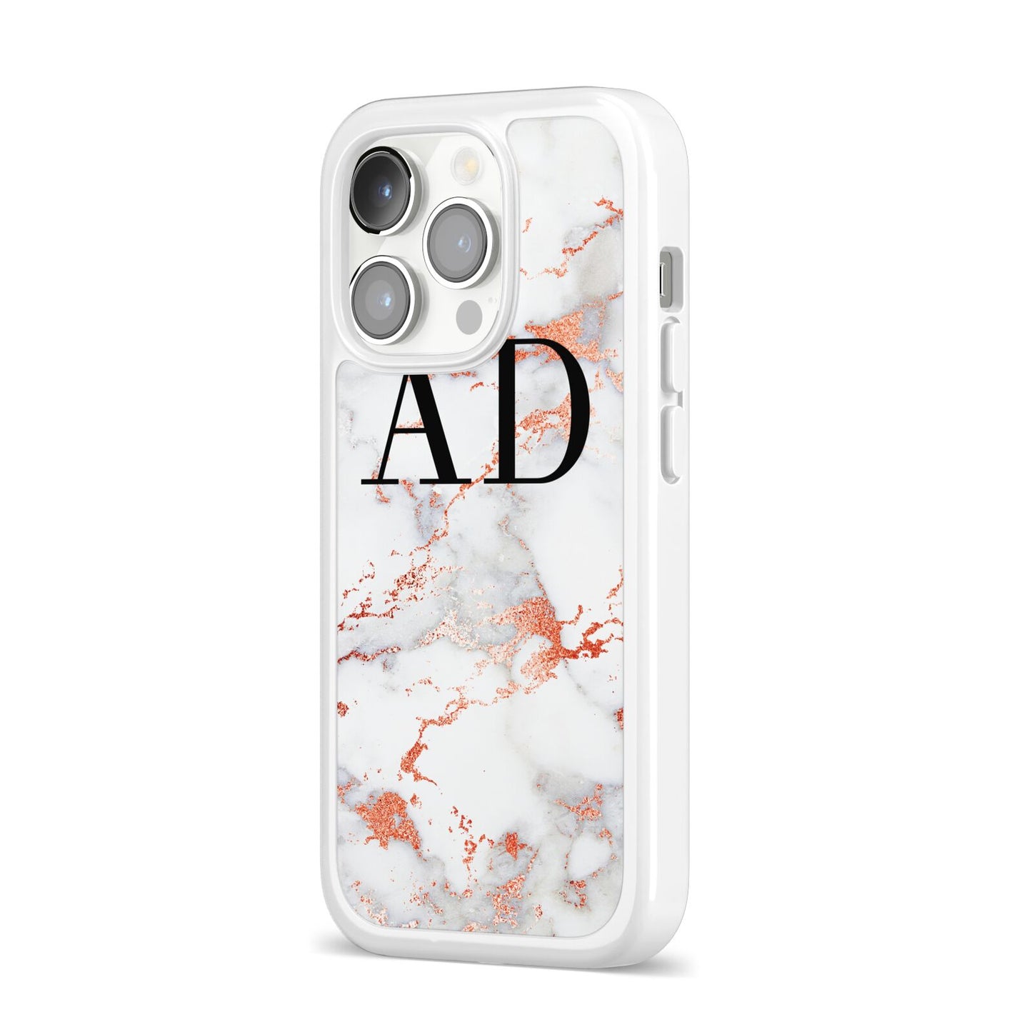 Personalised Rose Gold Marble Initials iPhone 14 Pro Clear Tough Case Silver Angled Image