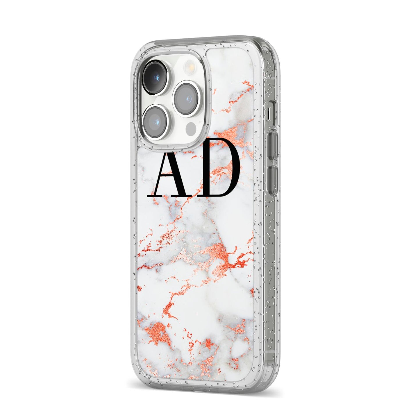 Personalised Rose Gold Marble Initials iPhone 14 Pro Glitter Tough Case Silver Angled Image