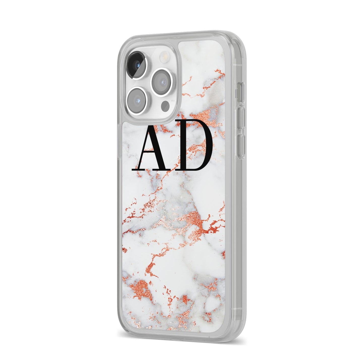 Personalised Rose Gold Marble Initials iPhone 14 Pro Max Clear Tough Case Silver Angled Image