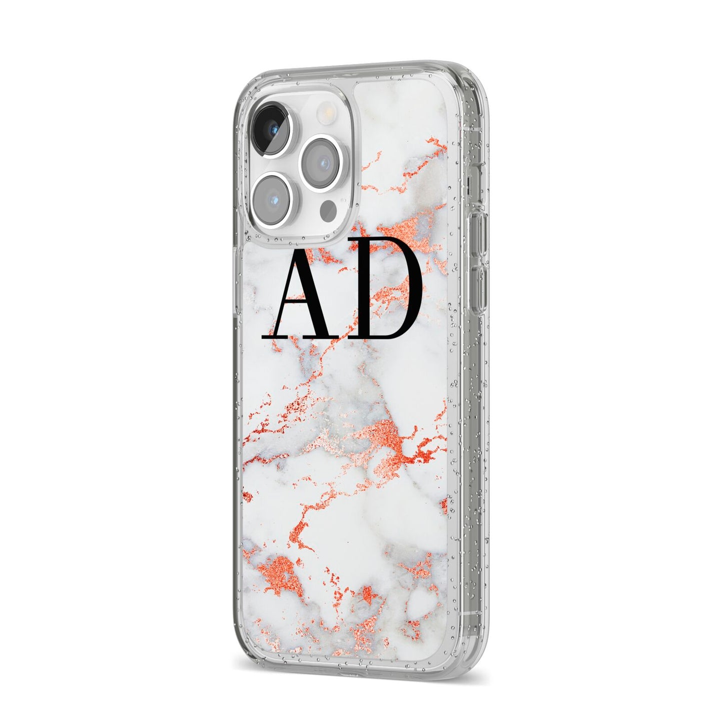 Personalised Rose Gold Marble Initials iPhone 14 Pro Max Glitter Tough Case Silver Angled Image