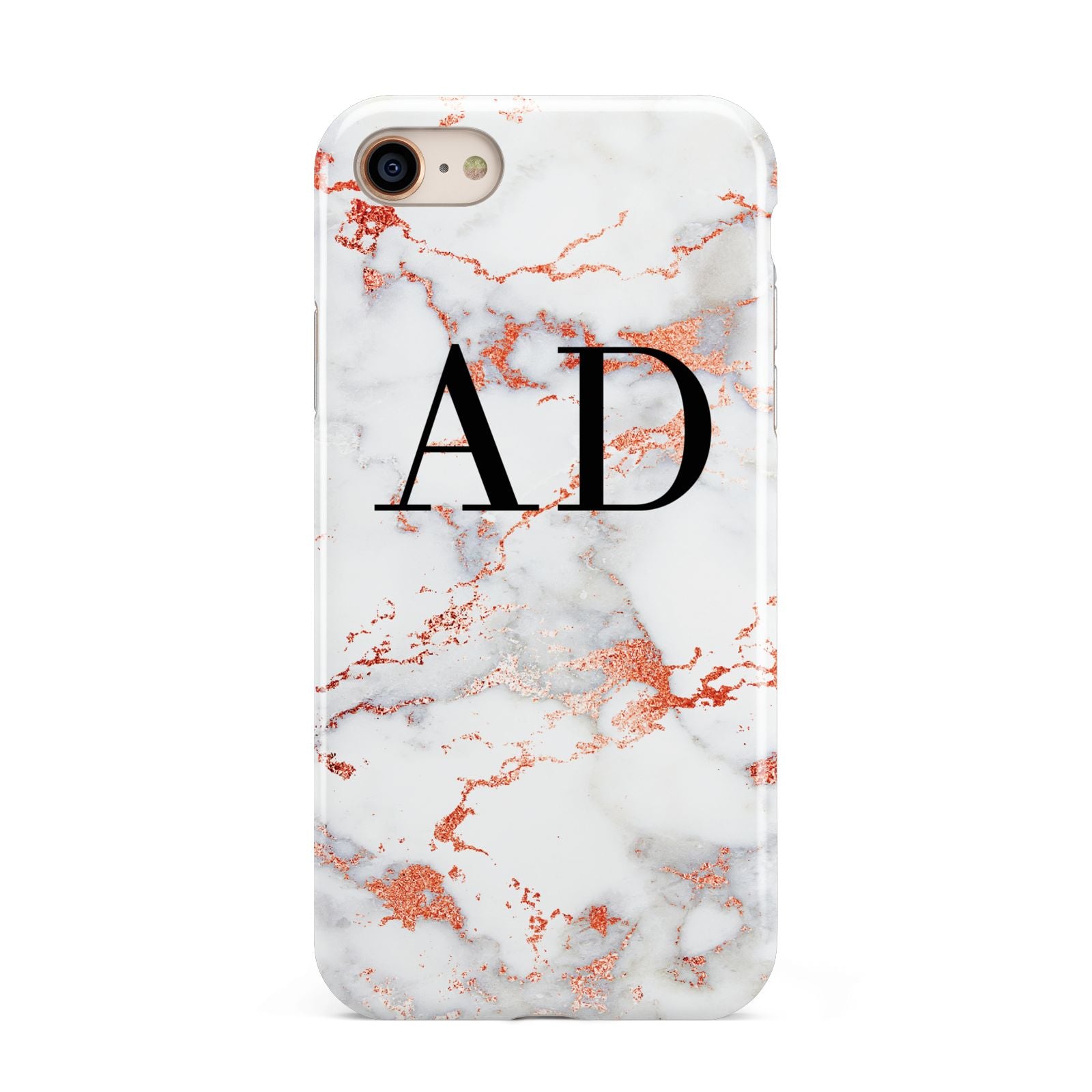 Personalised Rose Gold Marble Initials iPhone 8 3D Tough Case on Gold Phone