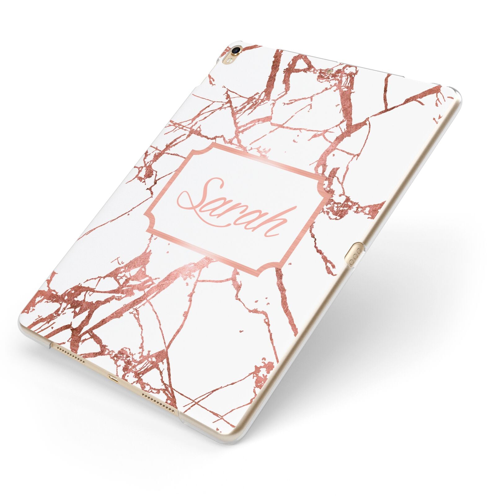 Personalised Rose Gold Marble Name Apple iPad Case on Gold iPad Side View