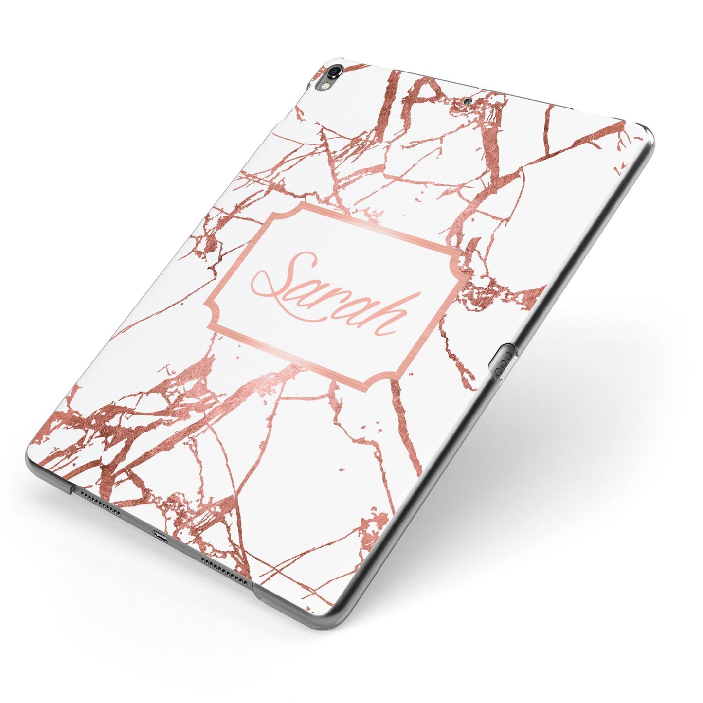 Personalised Rose Gold Marble Name Apple iPad Case on Grey iPad Side View