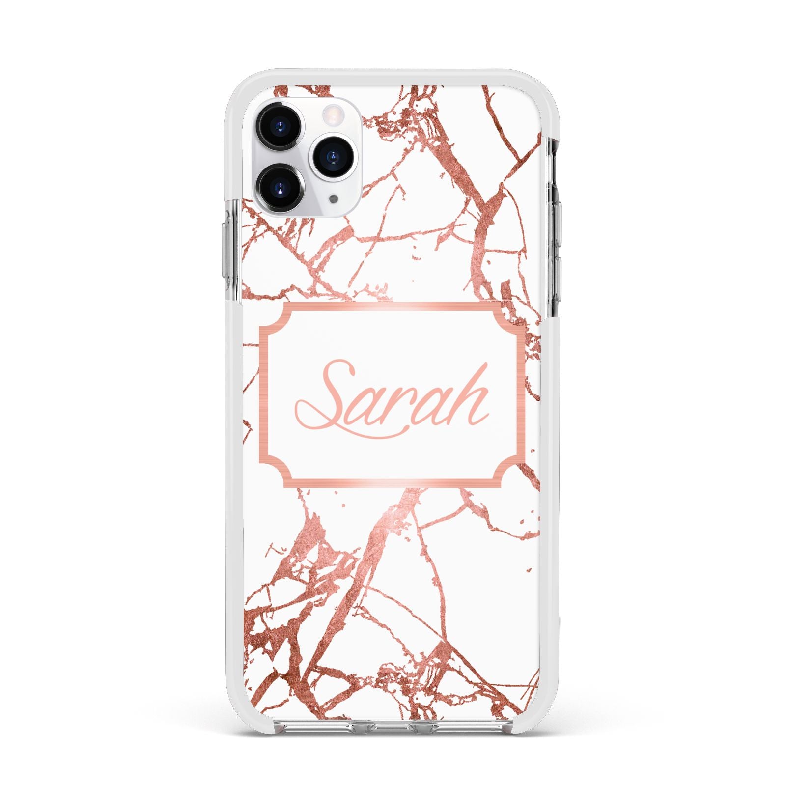 Personalised Rose Gold Marble Name Apple iPhone 11 Pro Max in Silver with White Impact Case