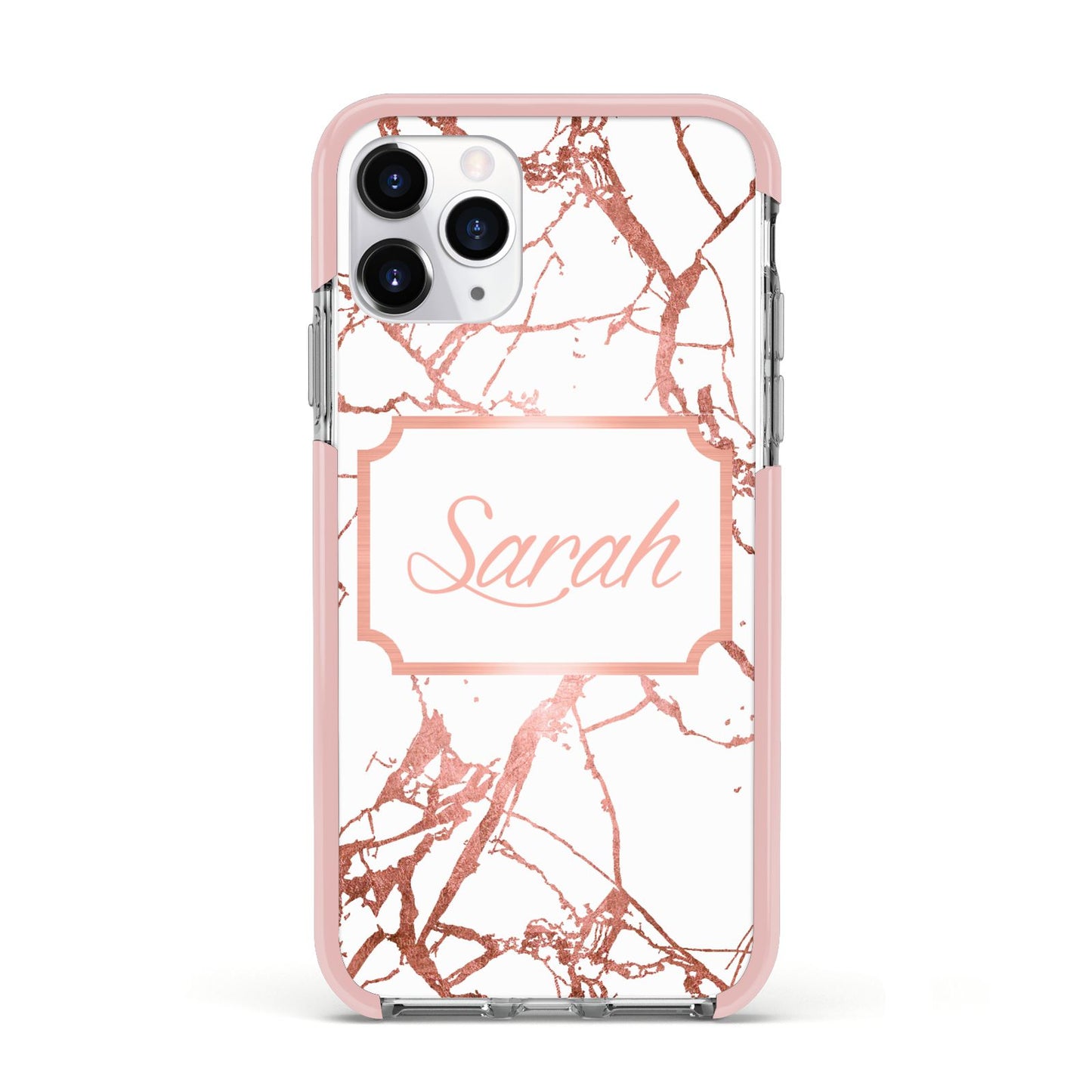 Personalised Rose Gold Marble Name Apple iPhone 11 Pro in Silver with Pink Impact Case