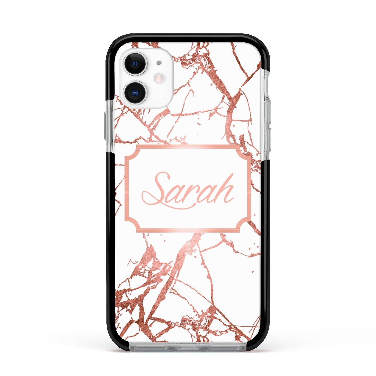 Personalised Rose Gold Marble Name Apple iPhone 11 in White with Black Impact Case