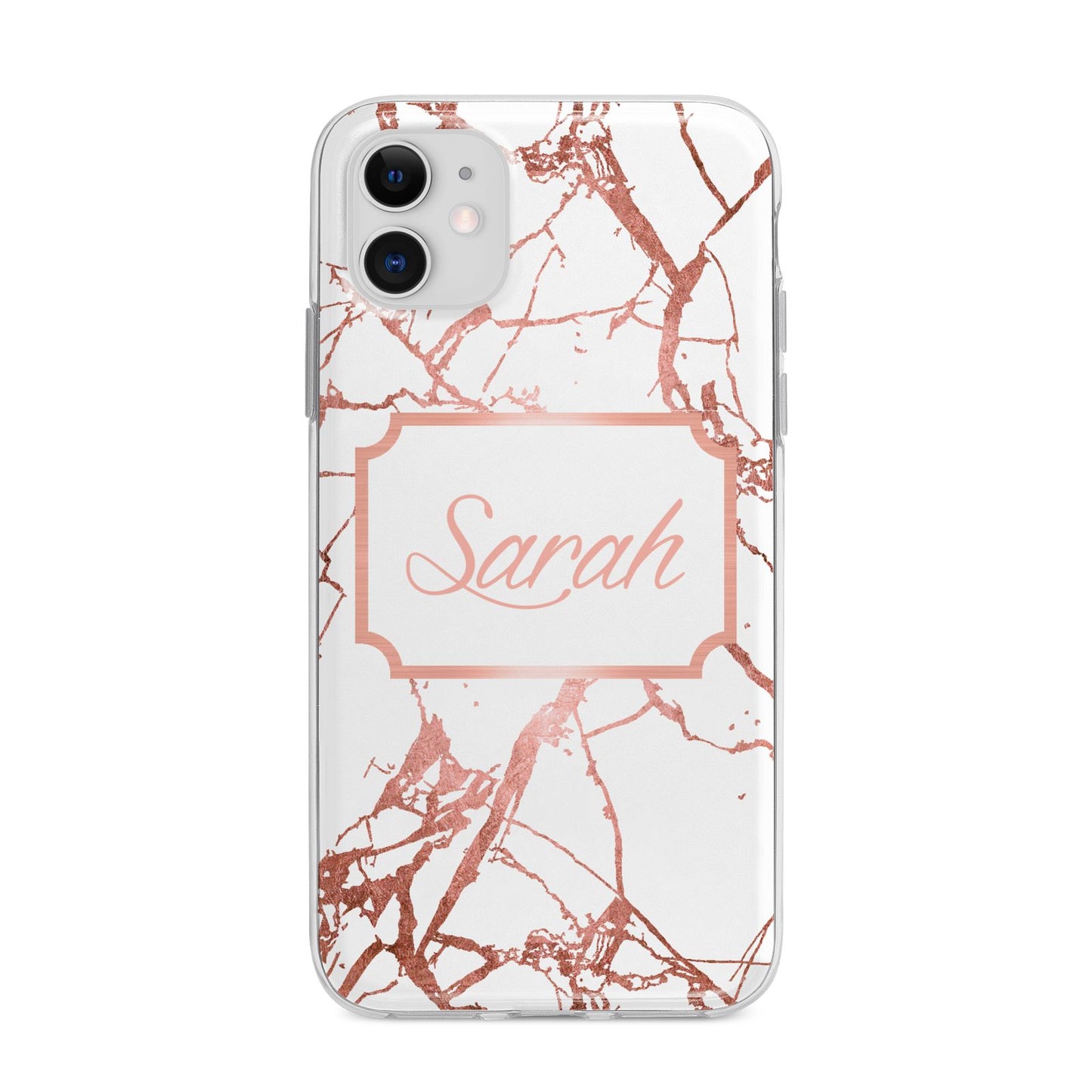 Personalised Rose Gold Marble Name Apple iPhone 11 in White with Bumper Case