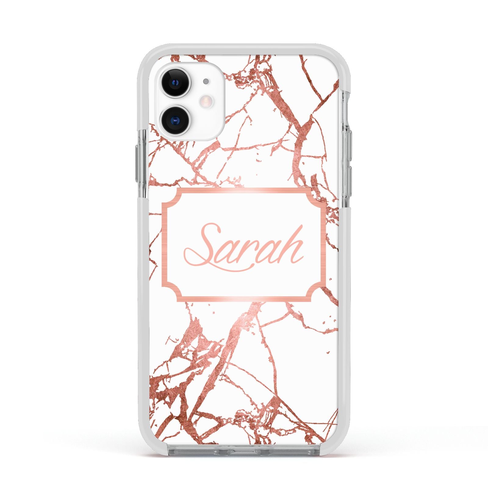 Personalised Rose Gold Marble Name Apple iPhone 11 in White with White Impact Case